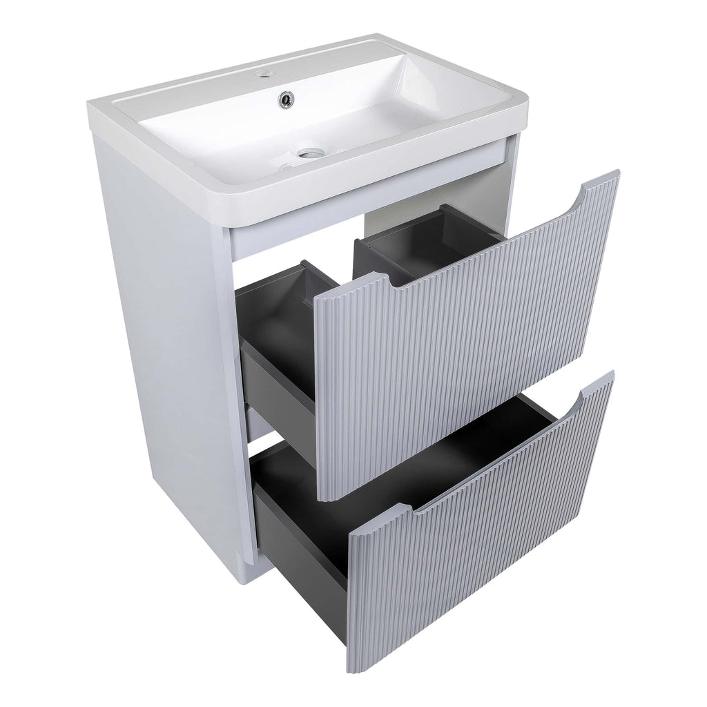 Modern bathroom vanity unit with a white ceramic sink and grey ribbed drawer fronts, ideal for contemporary bathroom storage solutions.