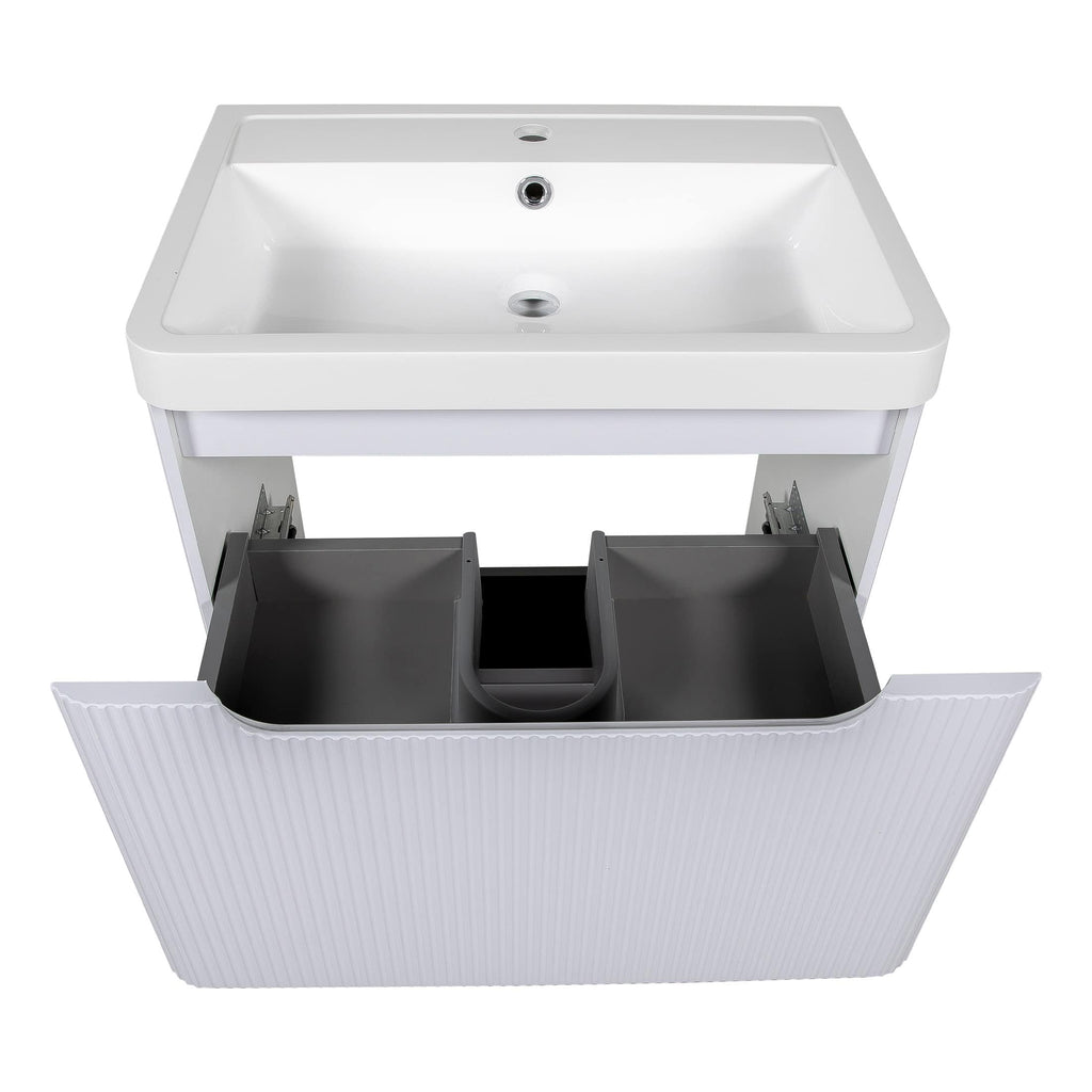 Shallow bathroom sink with built-in storage and grey organiser drawers, ideal for modern bathroom designs and efficient space use. Perfect for bathroom renovation or upgrade projects.
