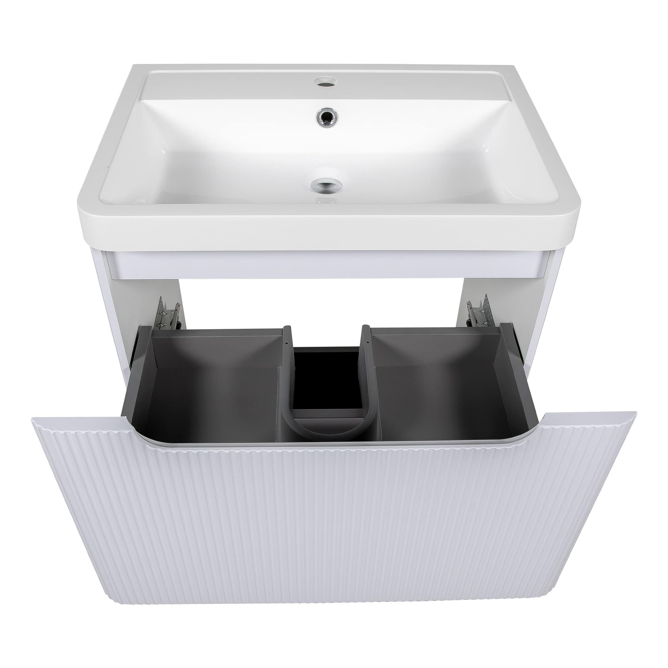 Shallow bathroom sink with built-in storage and grey organiser drawers, ideal for modern bathroom designs and efficient space use. Perfect for bathroom renovation or upgrade projects.