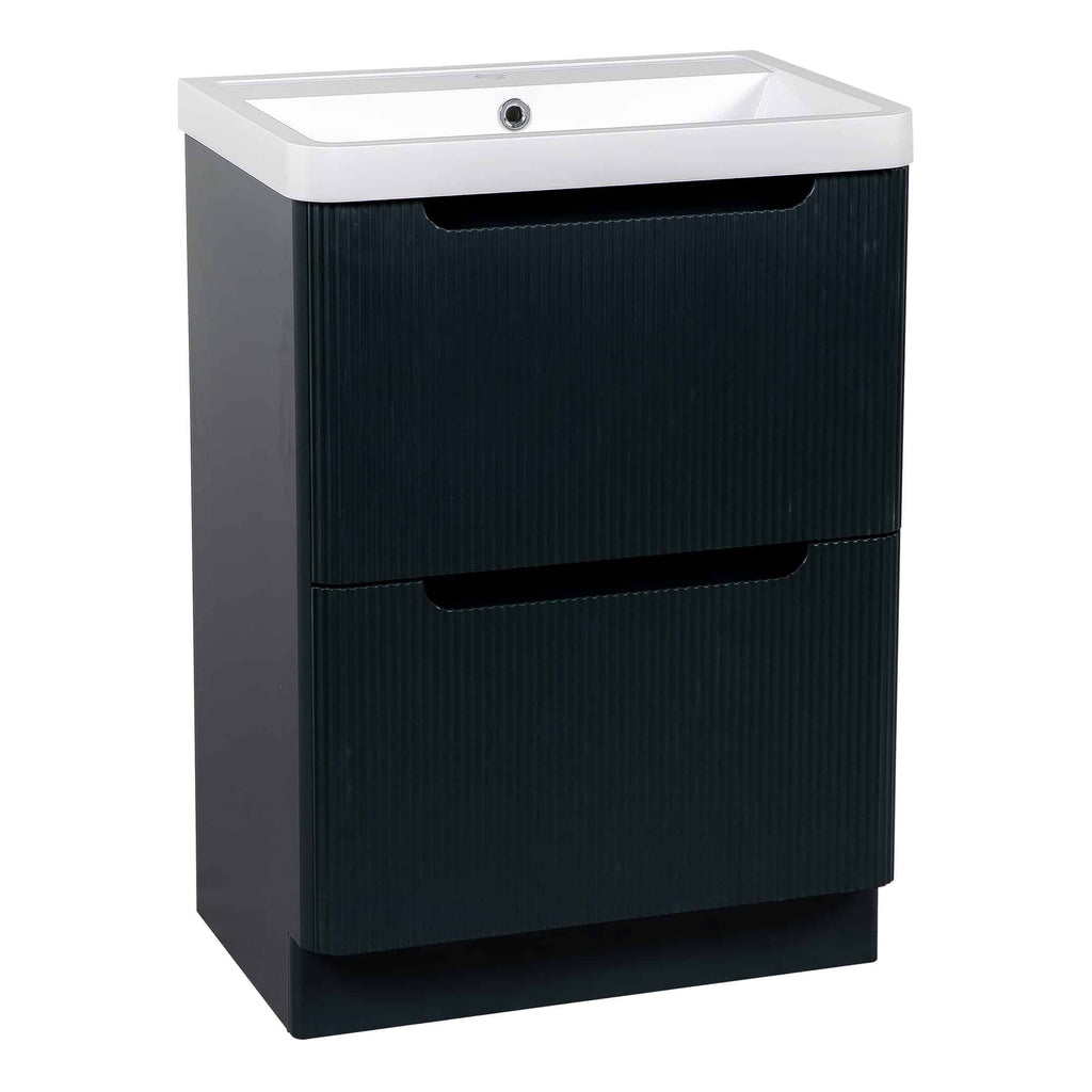 Modern black bathroom cabinet with integrated sink, ideal for stylish bathroom storage solutions. Featuring sleek drawers and contemporary design for a functional and aesthetic bathroom environment.