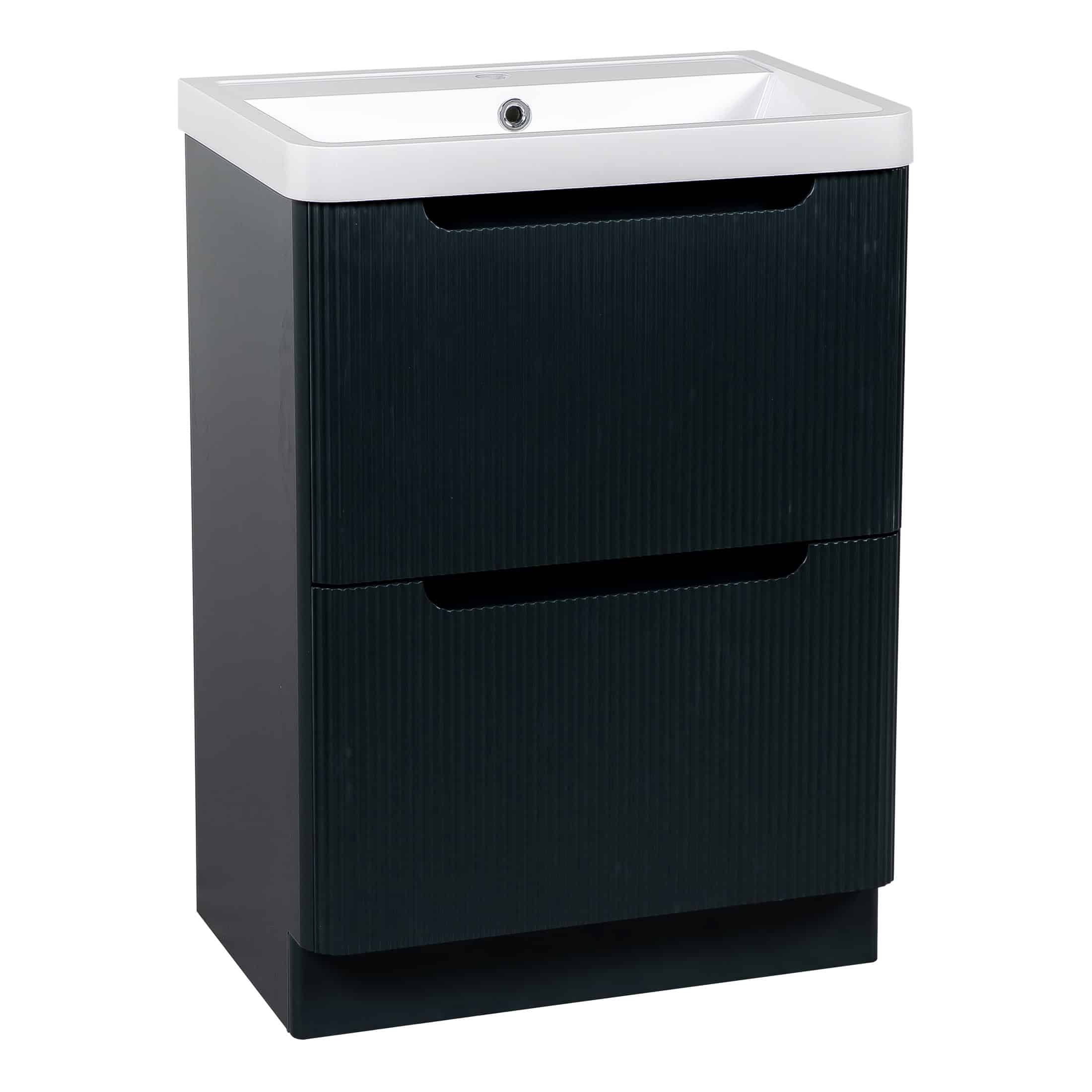 Modern black bathroom cabinet with integrated sink, ideal for stylish bathroom storage solutions. Featuring sleek drawers and contemporary design for a functional and aesthetic bathroom environment.
