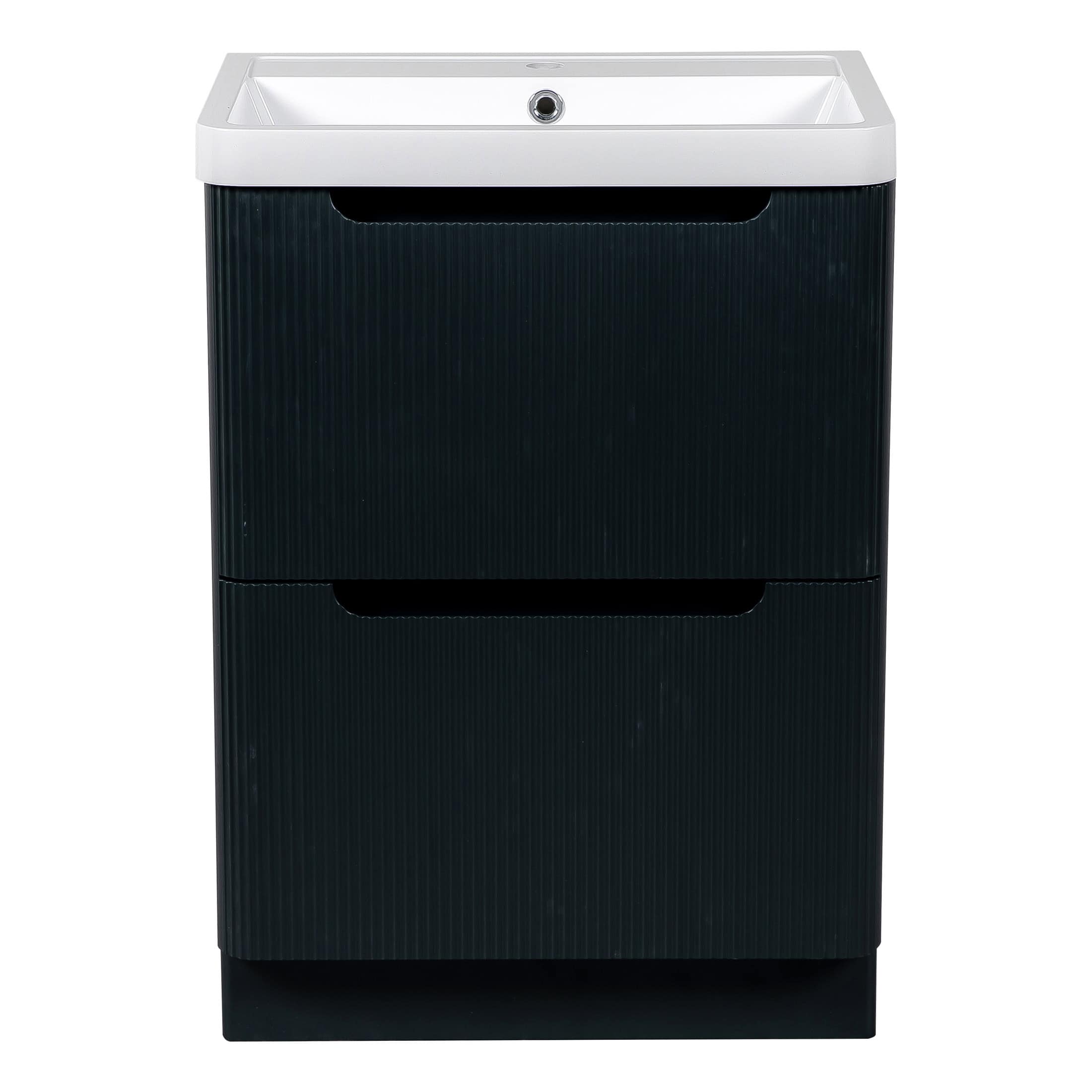 Streamlined black bathroom vanity with integrated sink, ideal for modern bathroom renovations and storage solutions. Durable design with sleek lines for contemporary bathroom aesthetics.