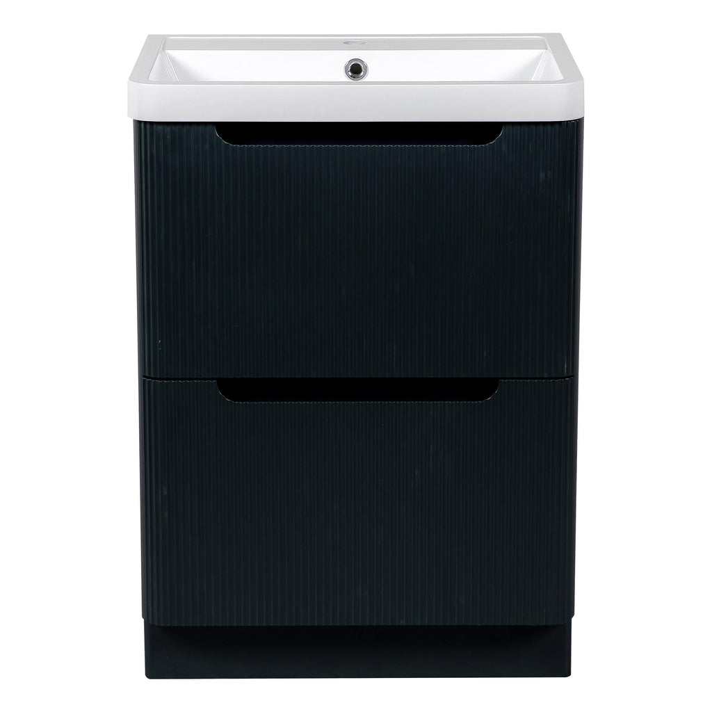 Streamlined black bathroom vanity with integrated sink, ideal for modern bathroom renovations and storage solutions. Durable design with sleek lines for contemporary bathroom aesthetics.