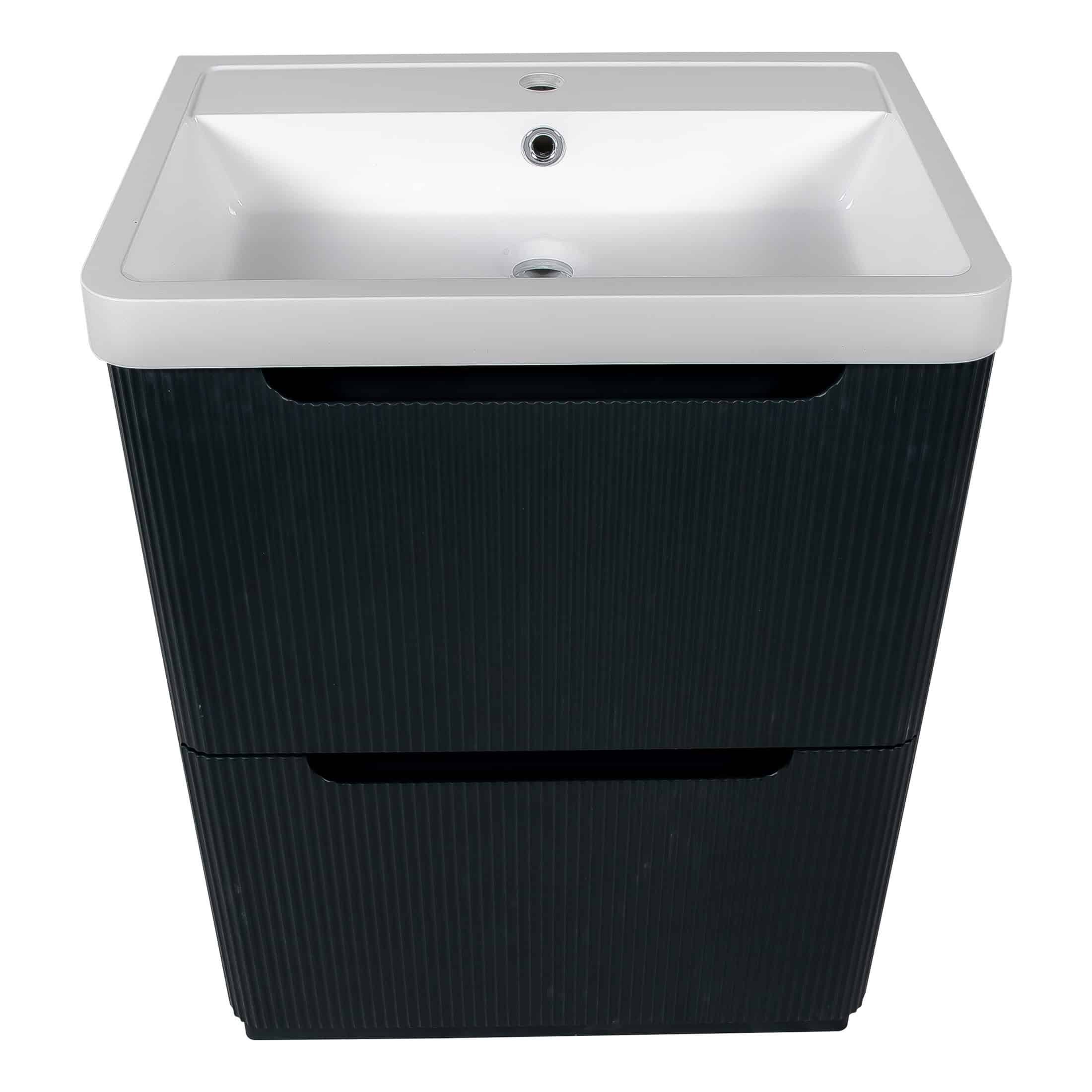 Sleek modern bathroom vanity with integrated white ceramic sink and black textured cabinet, ideal for stylish and functional bathroom storage and wash area solutions.
