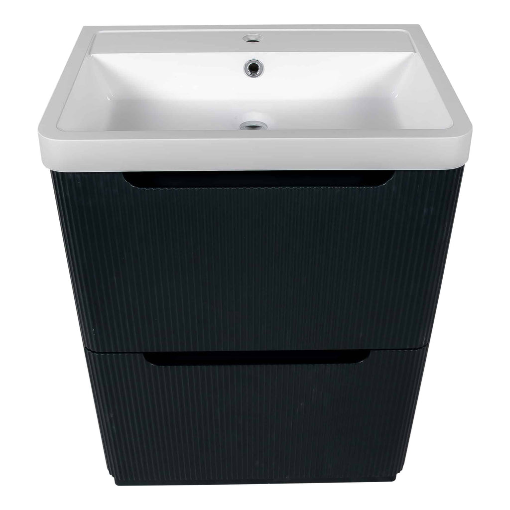 Sleek modern bathroom vanity with integrated white ceramic sink and black textured cabinet, ideal for stylish and functional bathroom storage and wash area solutions.