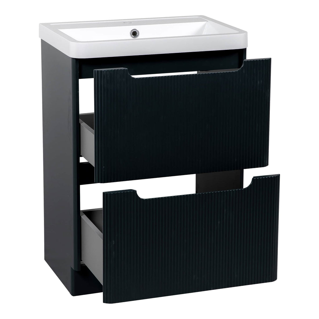 Sleek modern bathroom cabinet with integrated sink, black textured drawer fronts, and ample storage space, perfect for contemporary bathroom designs.