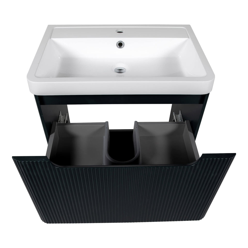 Modern white bathroom sink with black storage cabinet and open drawers, designed for stylish and functional bathroom organisation. Perfect for contemporary bathroom remodels.