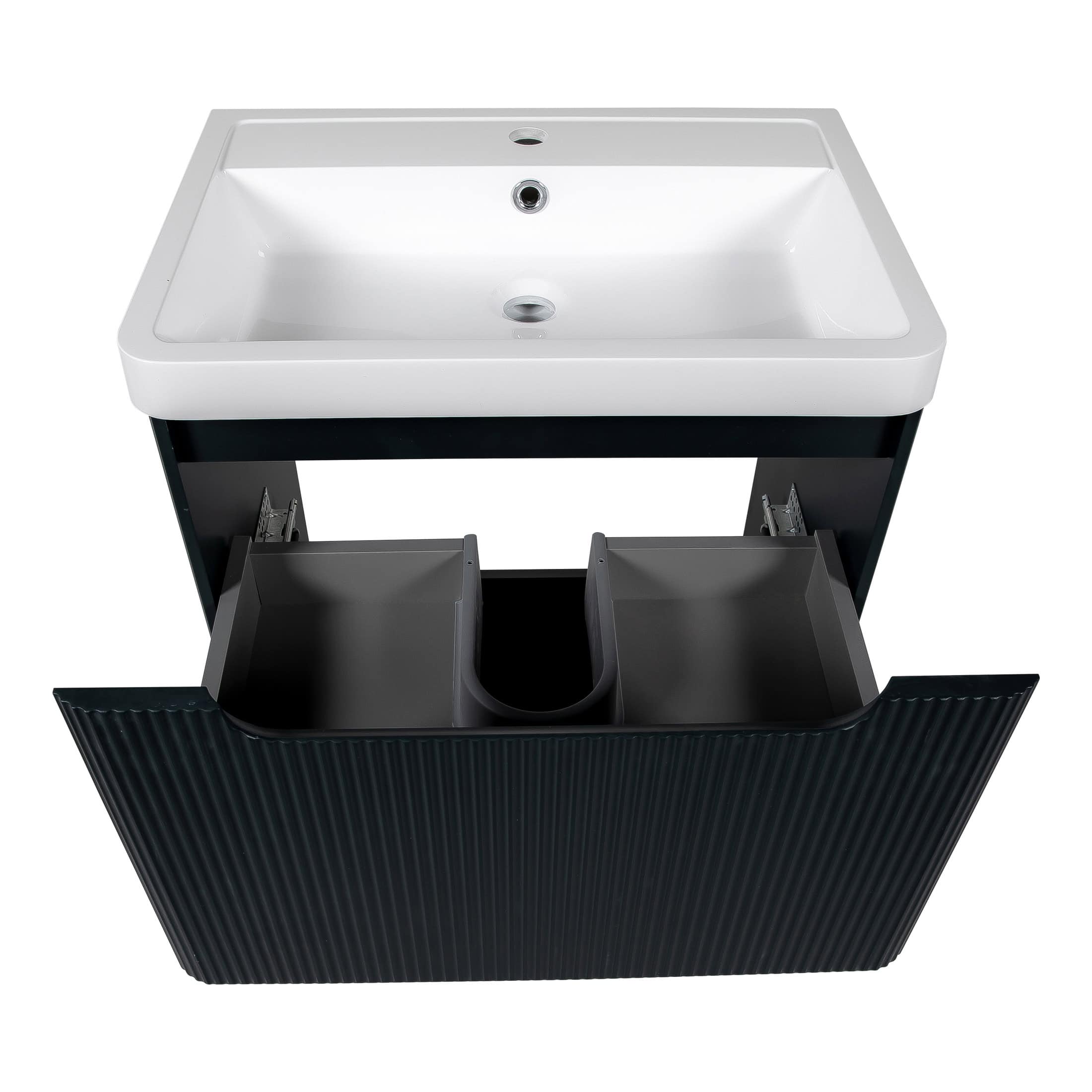 Modern white bathroom sink with black storage cabinet and open drawers, designed for stylish and functional bathroom organisation. Perfect for contemporary bathroom remodels.