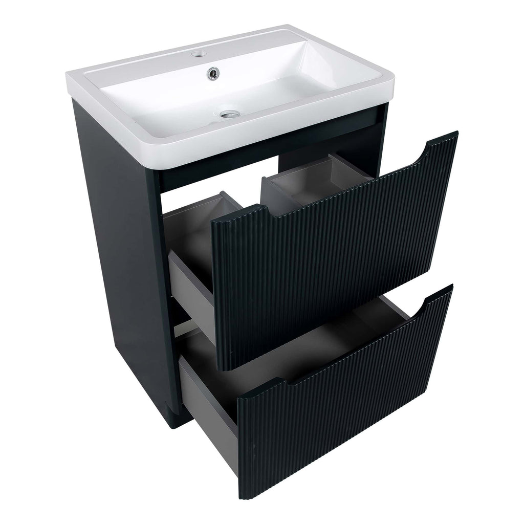 Modern bathroom vanity with integrated sink, black textured drawers, and sleek design perfect for contemporary bathroom remodels.