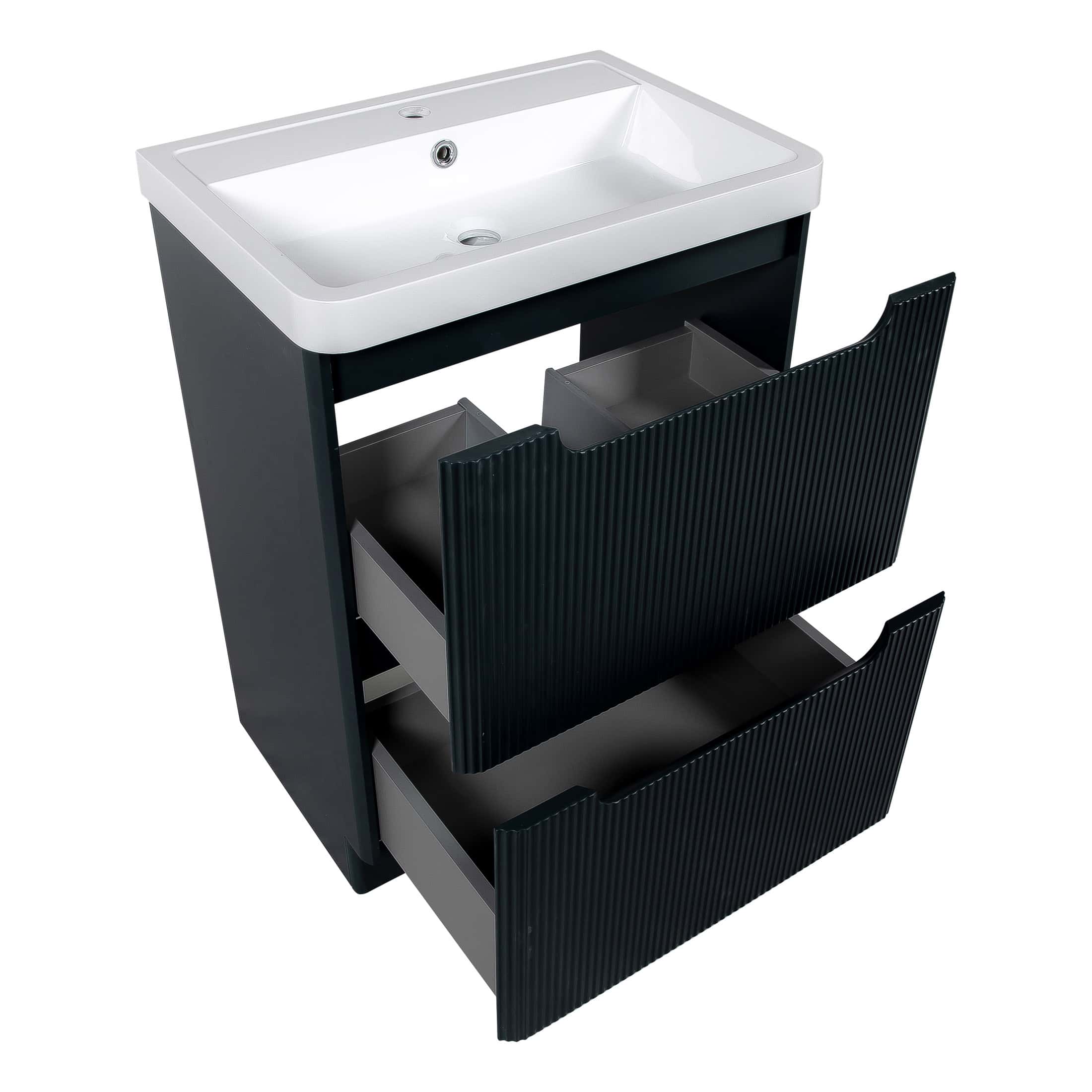 Modern bathroom vanity with integrated sink, black textured drawers, and sleek design perfect for contemporary bathroom remodels.