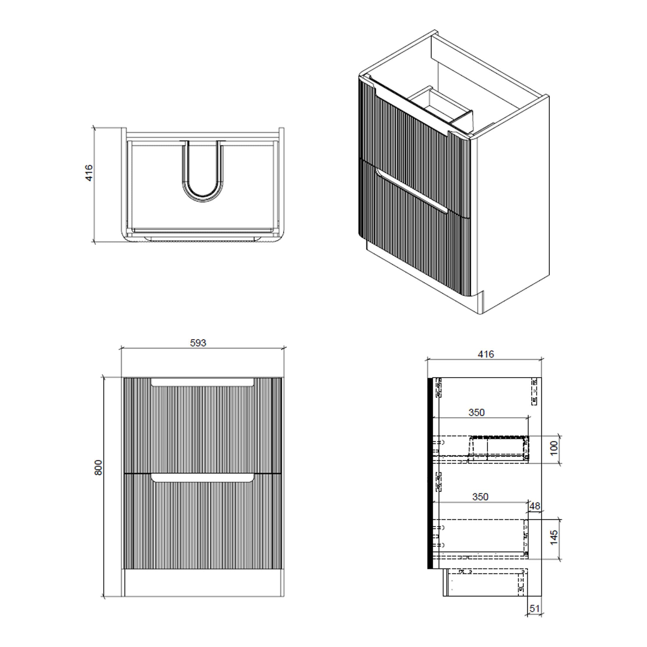Sleek modern bathroom vanity with vertical wood grain texture, integrated handles, and compact dimensions, ideal for contemporary bathroom designs.