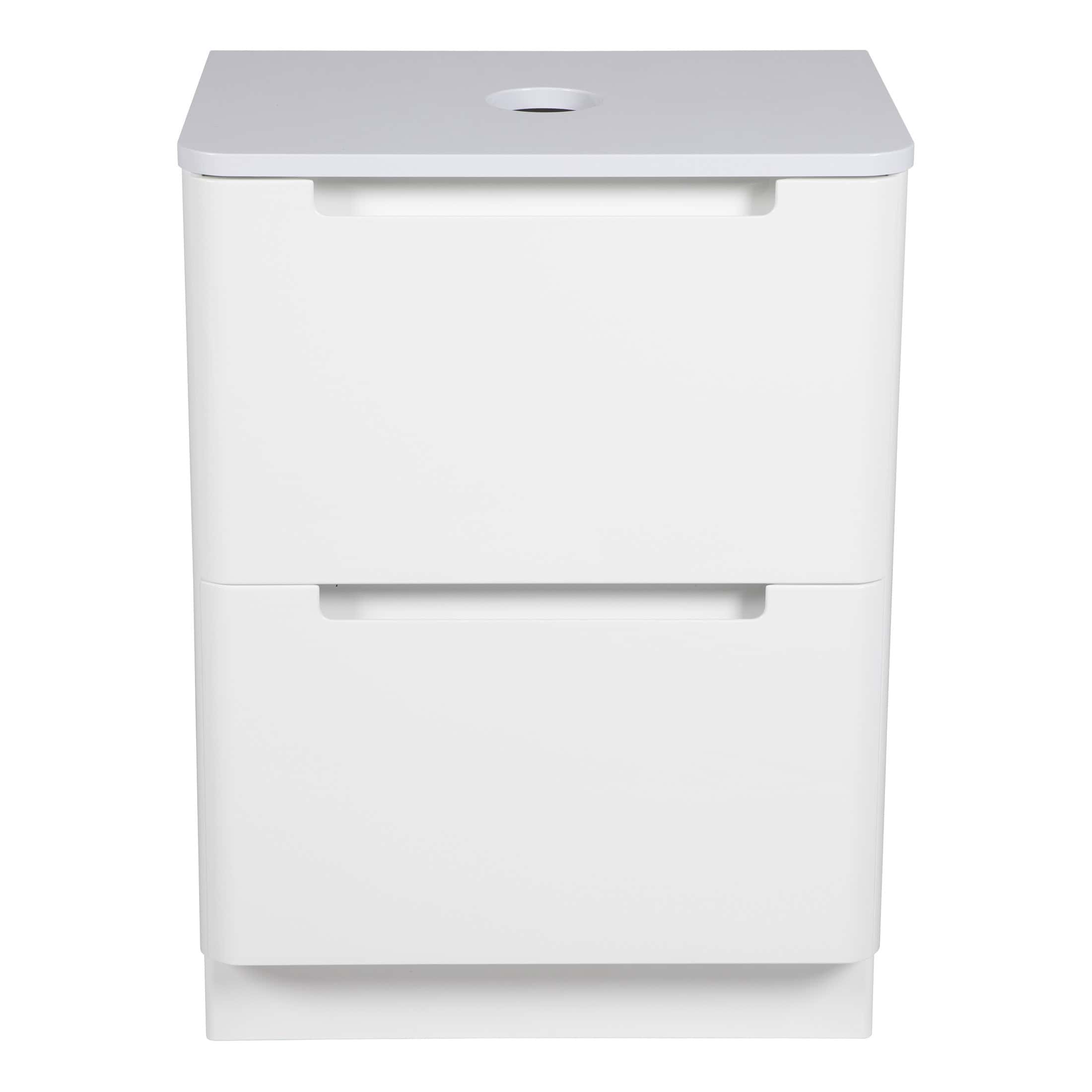 White modern bathroom storage cabinet by Bubly Bathrooms, featuring sleek design and ample space for bathroom essentials, ideal for contemporary bathrooms.