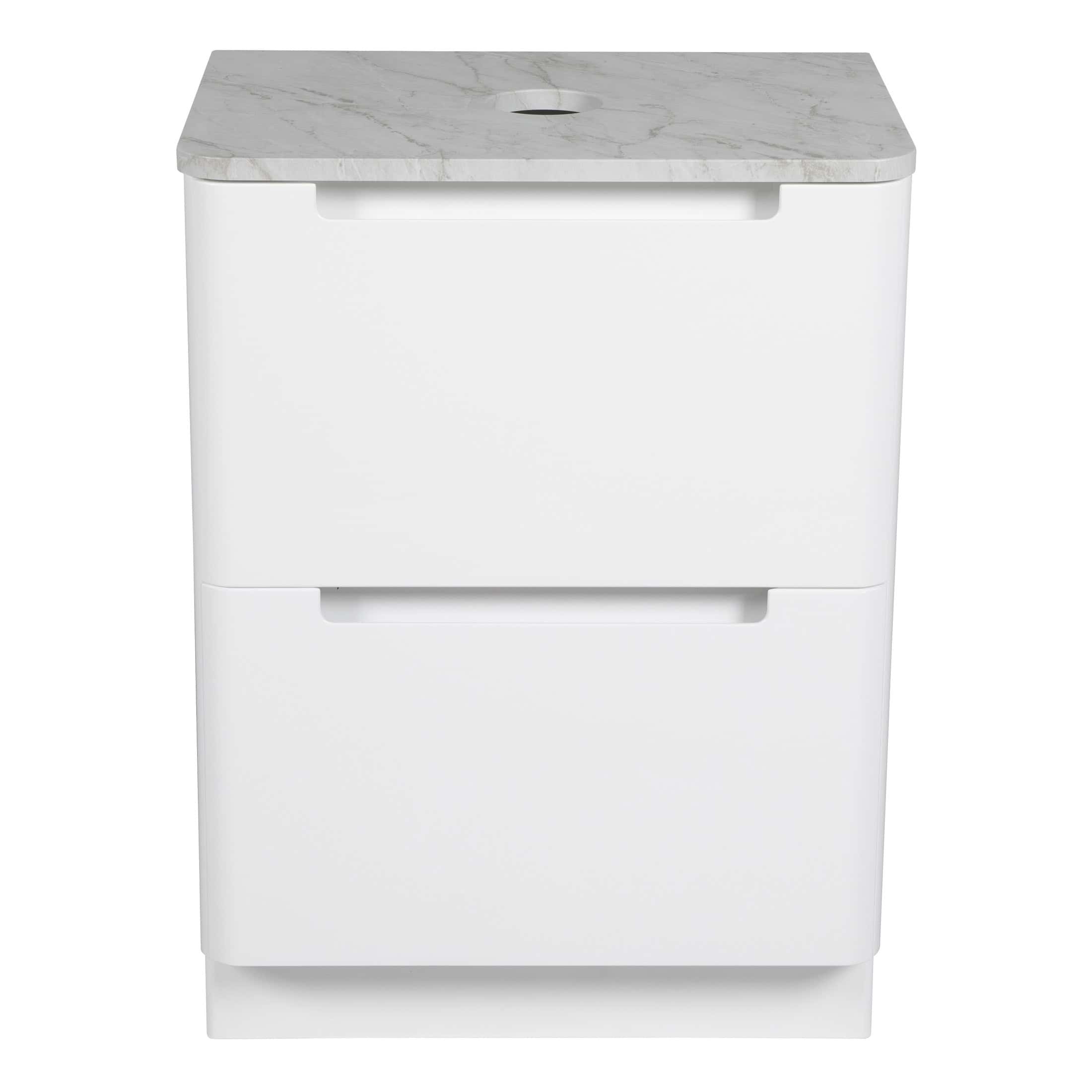 Sleek white bathroom vanity with built-in marble countertop and integrated sink, perfect for modern bathroom design and storage.