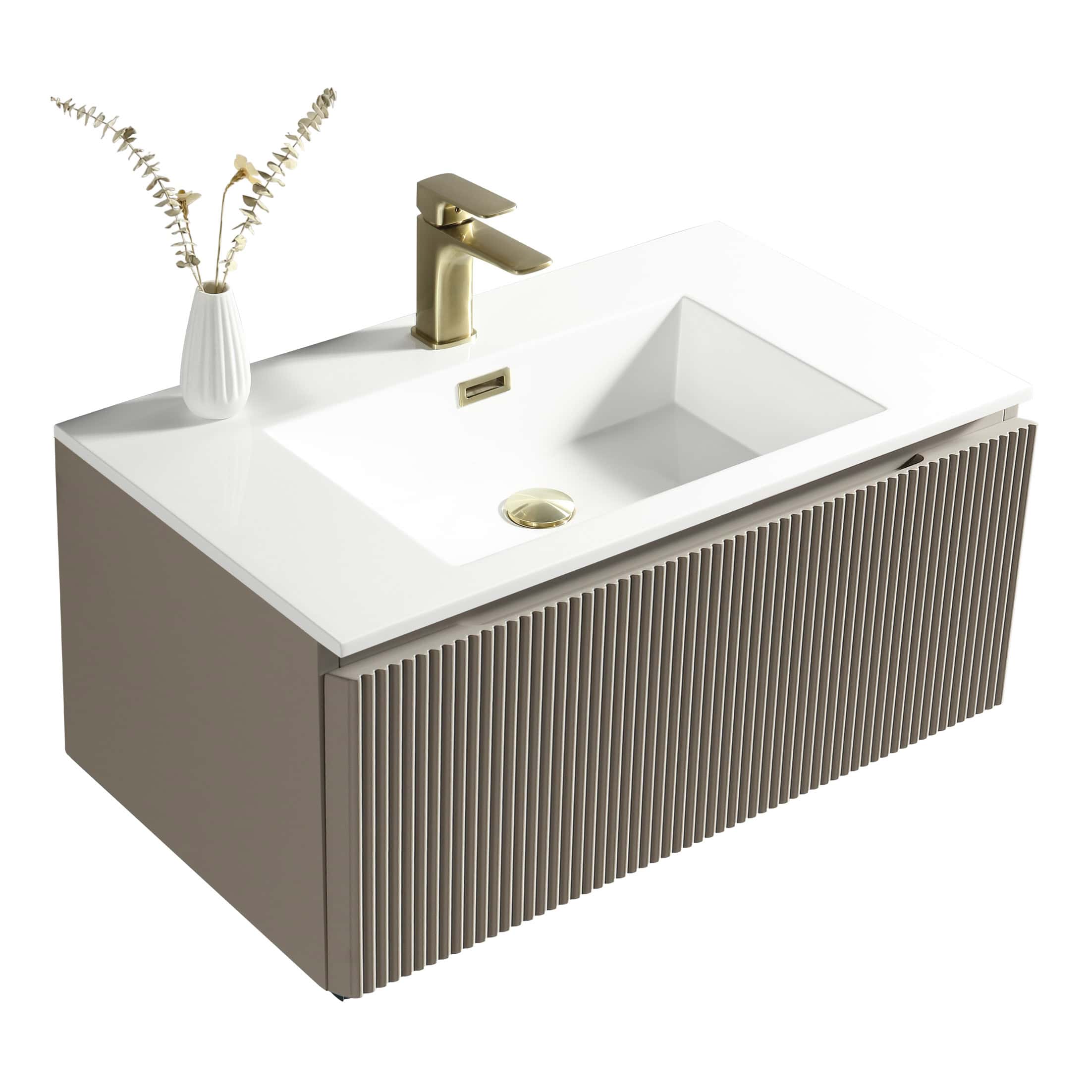 Sleek modern bathroom vanity with a white ceramic sink and gold fixtures, featuring a beige ribbed cabinet for stylish bathroom storage. Perfect for contemporary bathroom designs.
