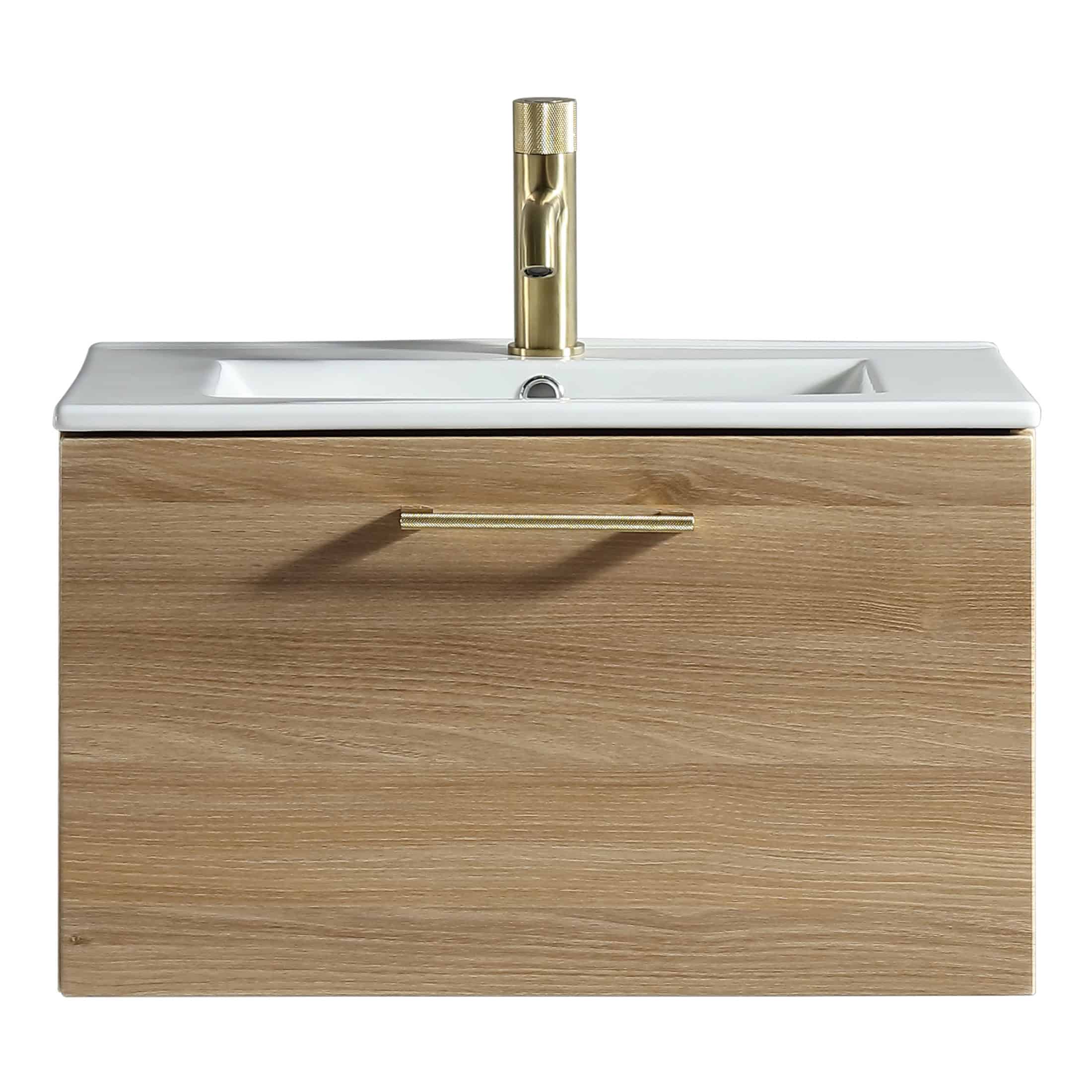 Sleek bathroom vanity with integrated sink and modern gold faucet, featuring wood finish for contemporary bathroom design. Ideal for storage and style enhancement.