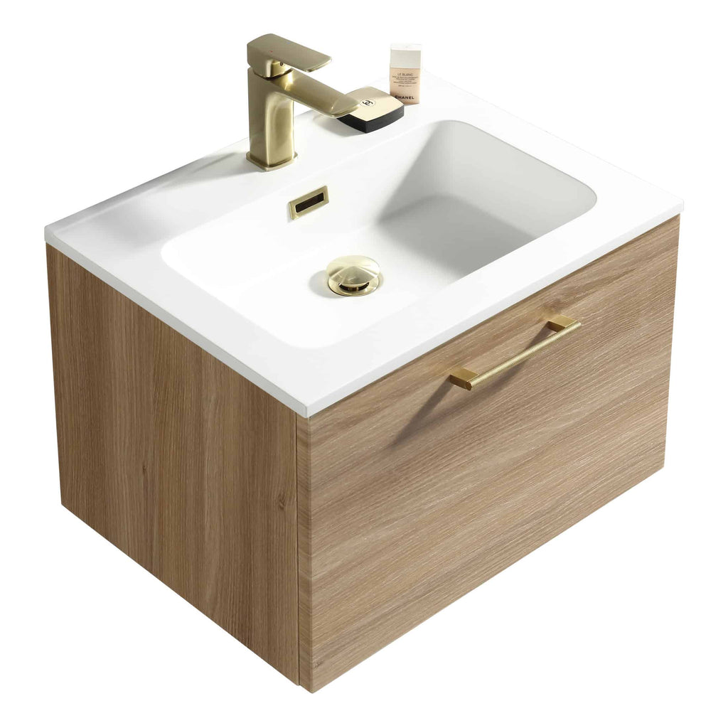 Sleek white bathroom vanity with wooden cabinet and gold fixtures, ideal for modern bathrooms. Features a contemporary sink, gold tap, and storage drawer for a stylish and functional space.