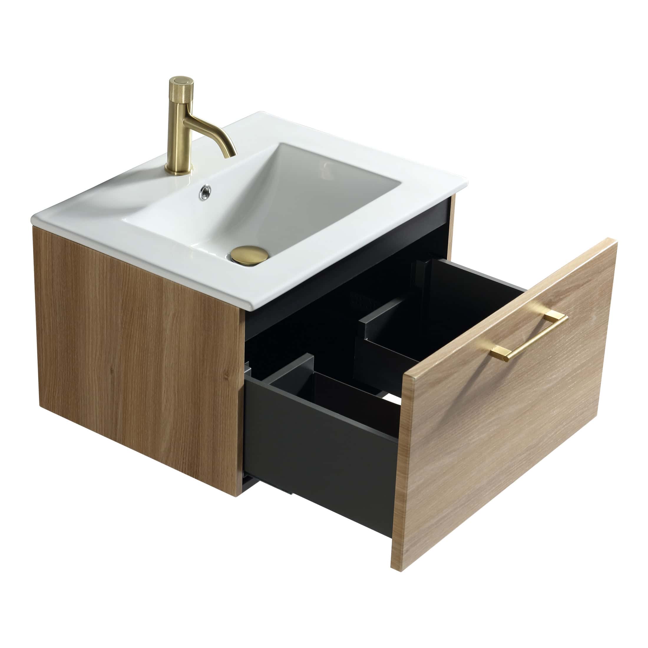 Modern bathroom vanity with integrated sink and oak finish storage cabinet, featuring black internal drawers and brass fixtures. Perfect for stylish bathroom updates.