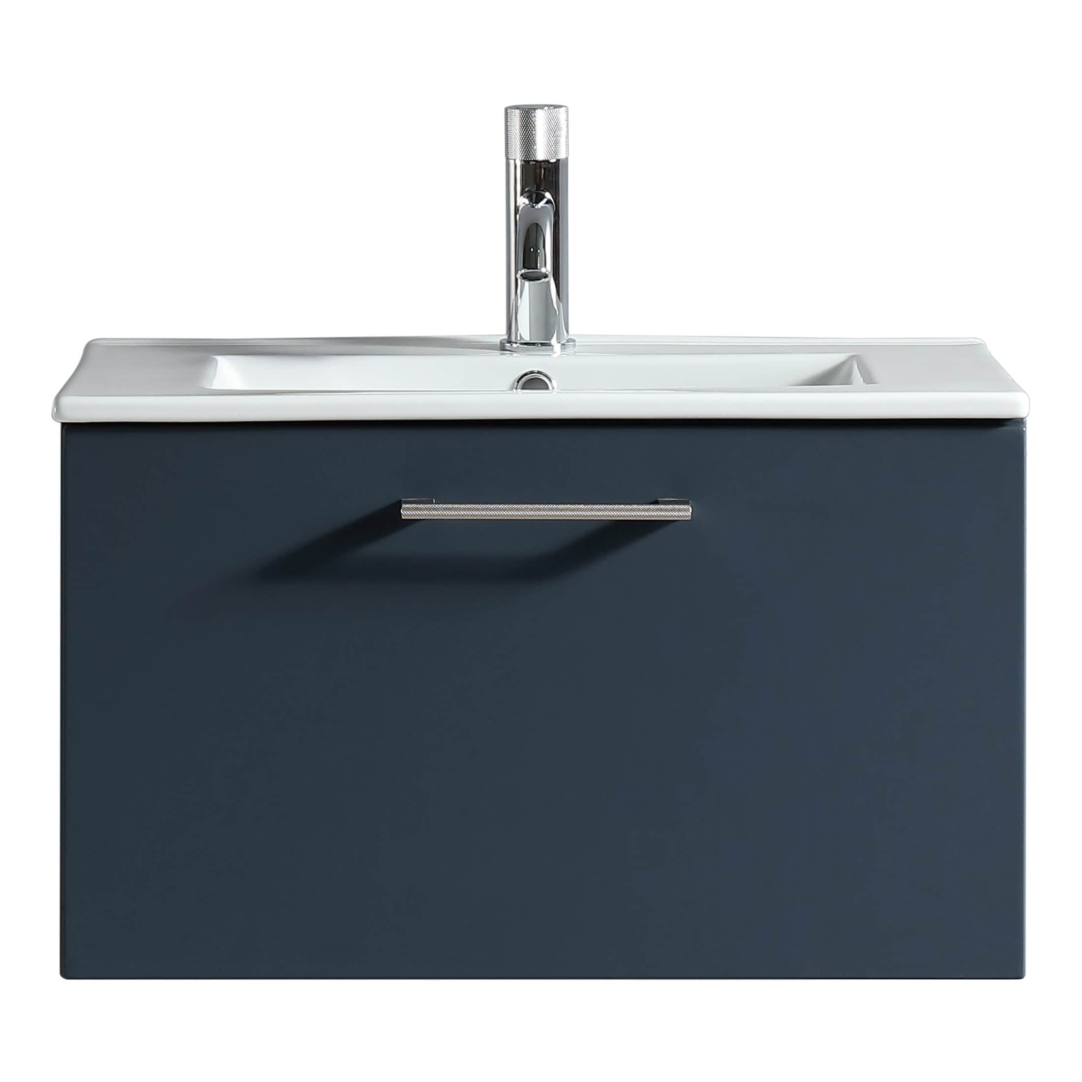 Sleek modern bathroom vanity with integrated sink, navy blue cabinetry, and chrome faucet, ideal for contemporary bathroom bathroom design and decoration. Perfect for stylish bathroom upgrades.