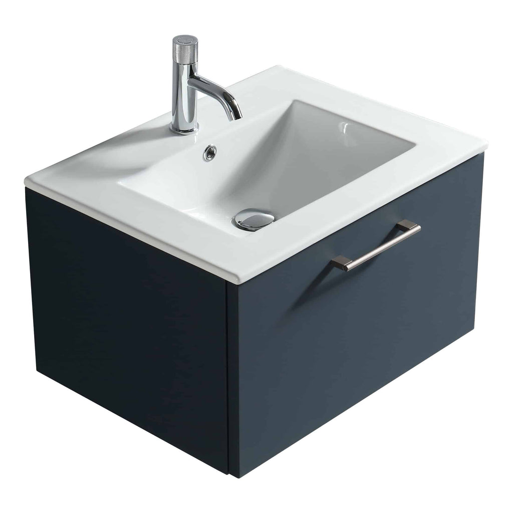 Polished chrome bathroom basin with dark blue vanity cabinet, sleek modern design, ideal for stylish bathrooms. Featuring a contemporary tap and clean lines for an elegant look.