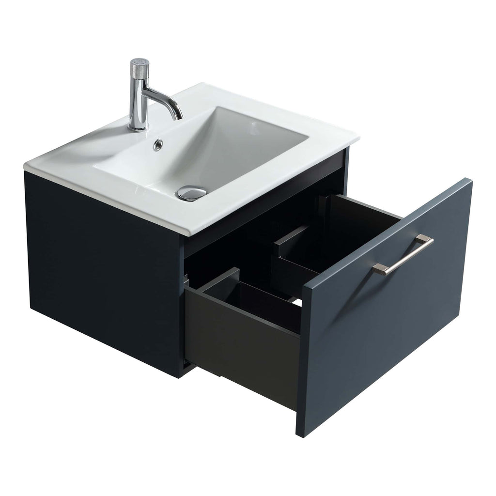Modern bathroom vanity unit with integrated sink and open storage drawer, perfect for contemporary bathroom design and organisation.