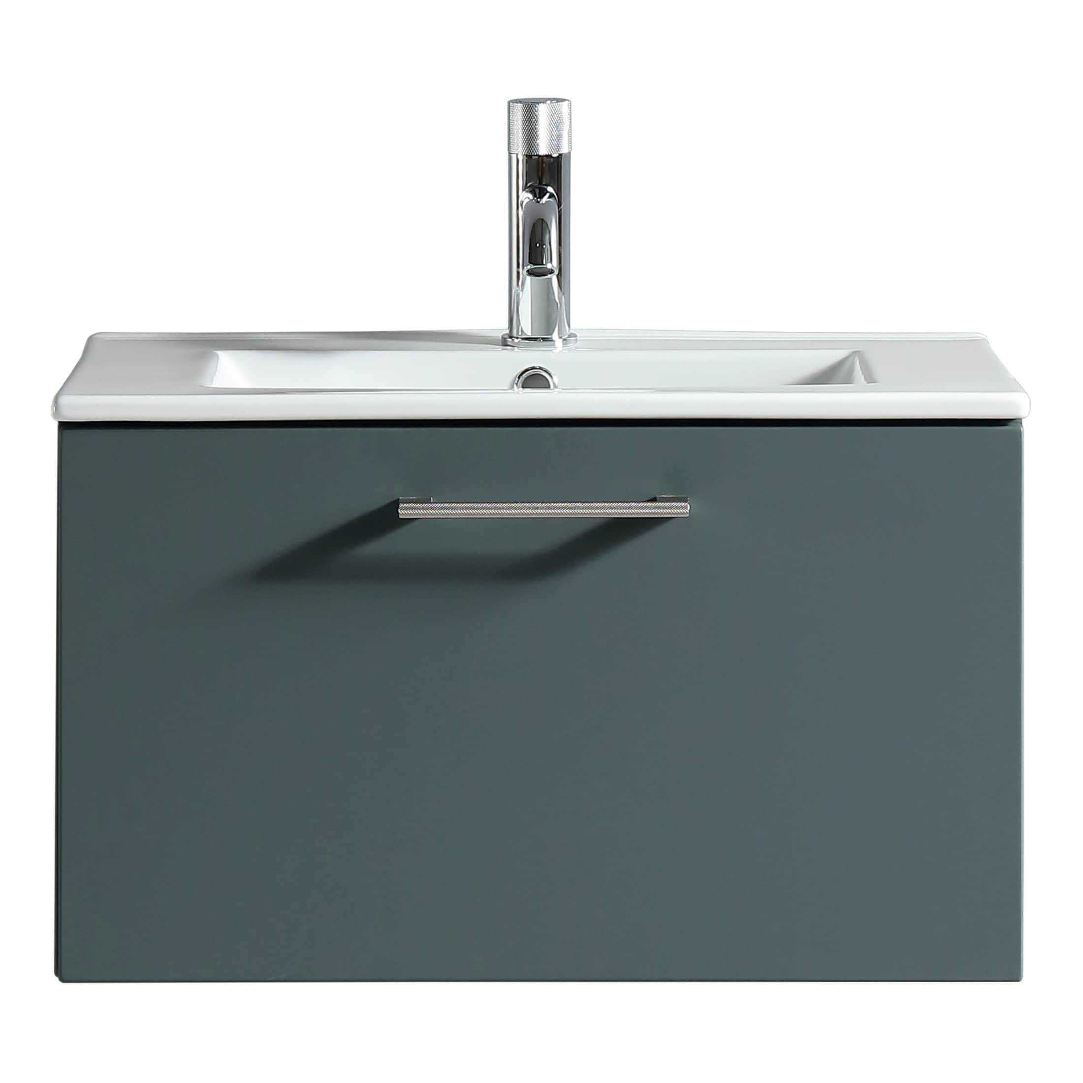 Sleek modern bathroom vanity with integrated sink, grey cabinet, chrome handle, and contemporary tap, ideal for stylish bathroom renovations and storage.
