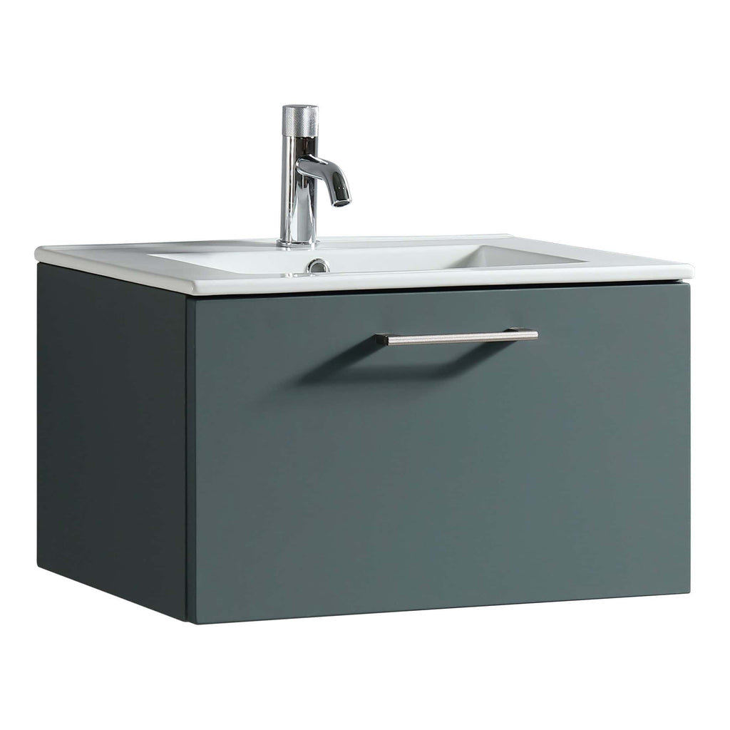 Sleek modern bathroom vanity with a built-in sink, dark grey cabinet, and chrome handle, perfect for stylish bathroom renovations.