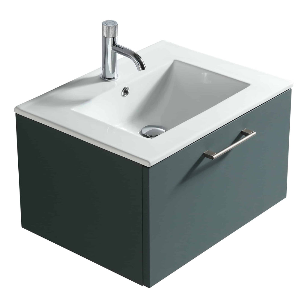 Sleek modern bathroom vanity with integrated sink and chrome tap, featuring a dark grey cabinet with minimalist handle, perfect for contemporary bathroom interior design.
