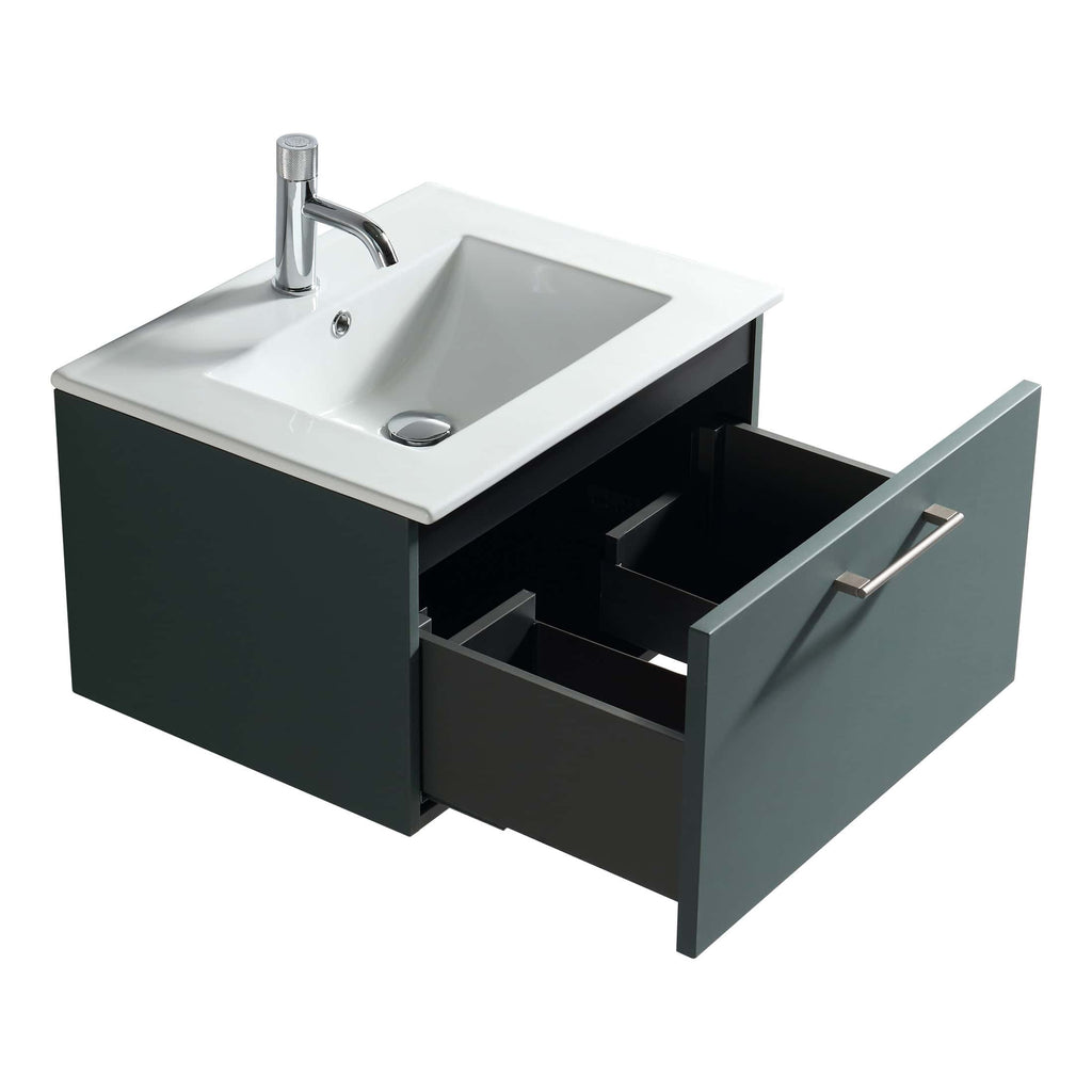 Modern bathroom vanity unit with integrated sink and storage drawers, ideal for contemporary bathroom renovation projects. Features sleek, minimalist design with black and white colour scheme.