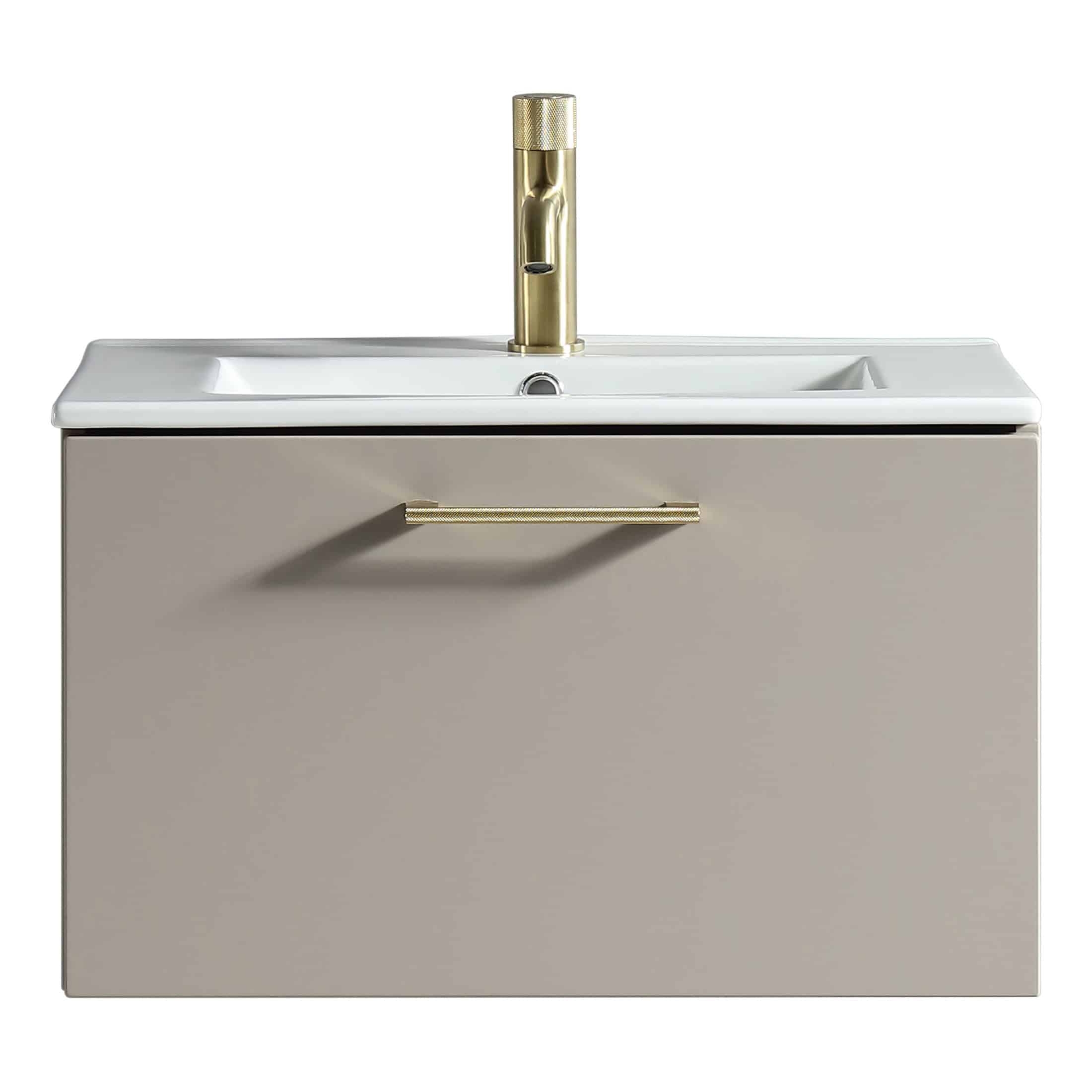 Brass bathroom vanity unit with integrated sink and modern black handle, stylish and functional bathroom storage furniture from Bubly Bathrooms.