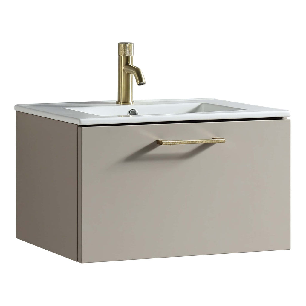 Sleek beige bathroom vanity with integrated white sink and elegant gold tap, designed for modern bathroom remodels and contemporary bathroom furniture.