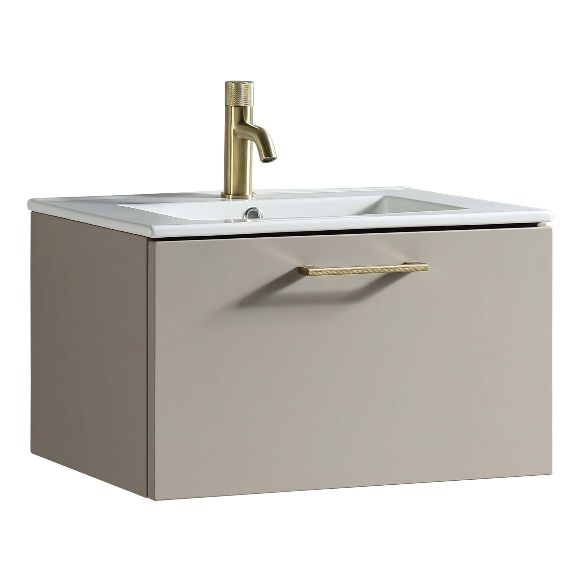 Sleek beige bathroom vanity with integrated white sink and elegant gold tap, designed for modern bathroom remodels and contemporary bathroom furniture.