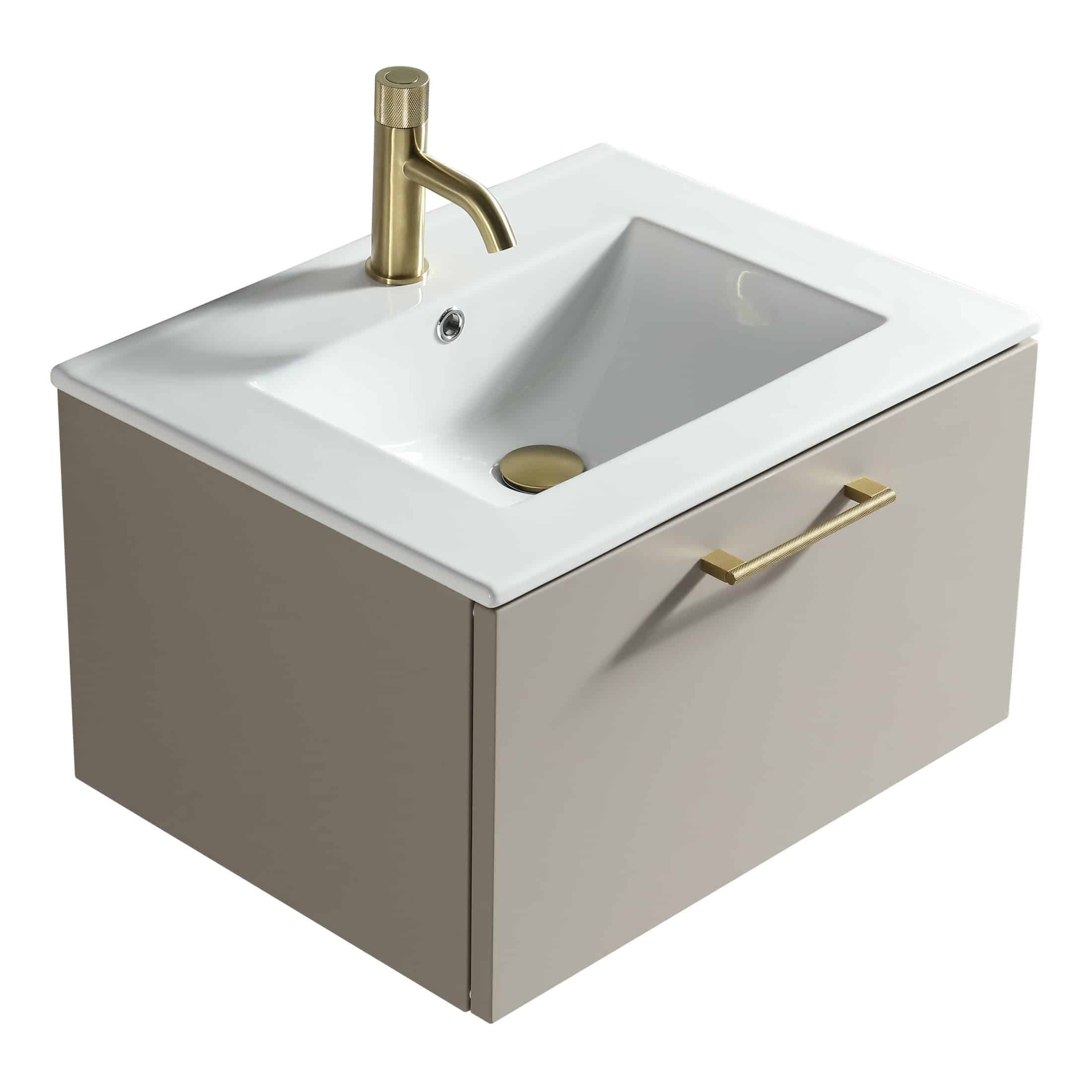 Polished brass bathroom sink with modern beige cabinet and sleek gold handle, featuring a white ceramic basin and stylish brass tap, perfect for contemporary bathroom interior design.