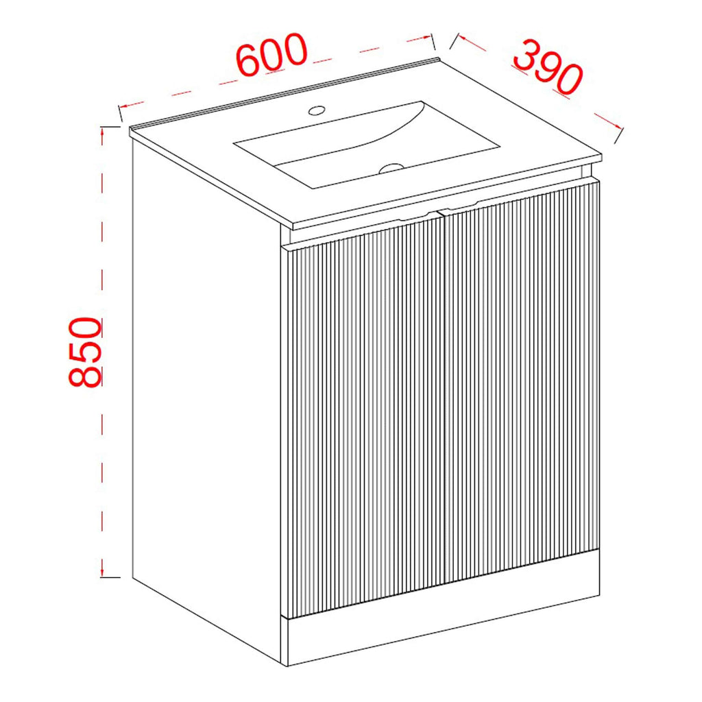 Sleek bathroom vanity cabinet with integrated sink and vertical slatted door design, featuring dimensions 600mm x 390mm x 850mm for modern bathroom storage solutions.