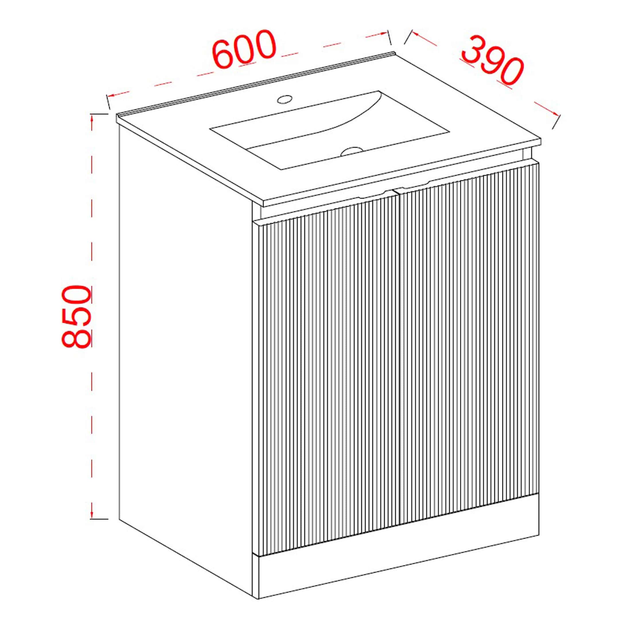 Sleek bathroom vanity cabinet with integrated sink and vertical slatted door design, featuring dimensions 600mm x 390mm x 850mm for modern bathroom storage solutions.