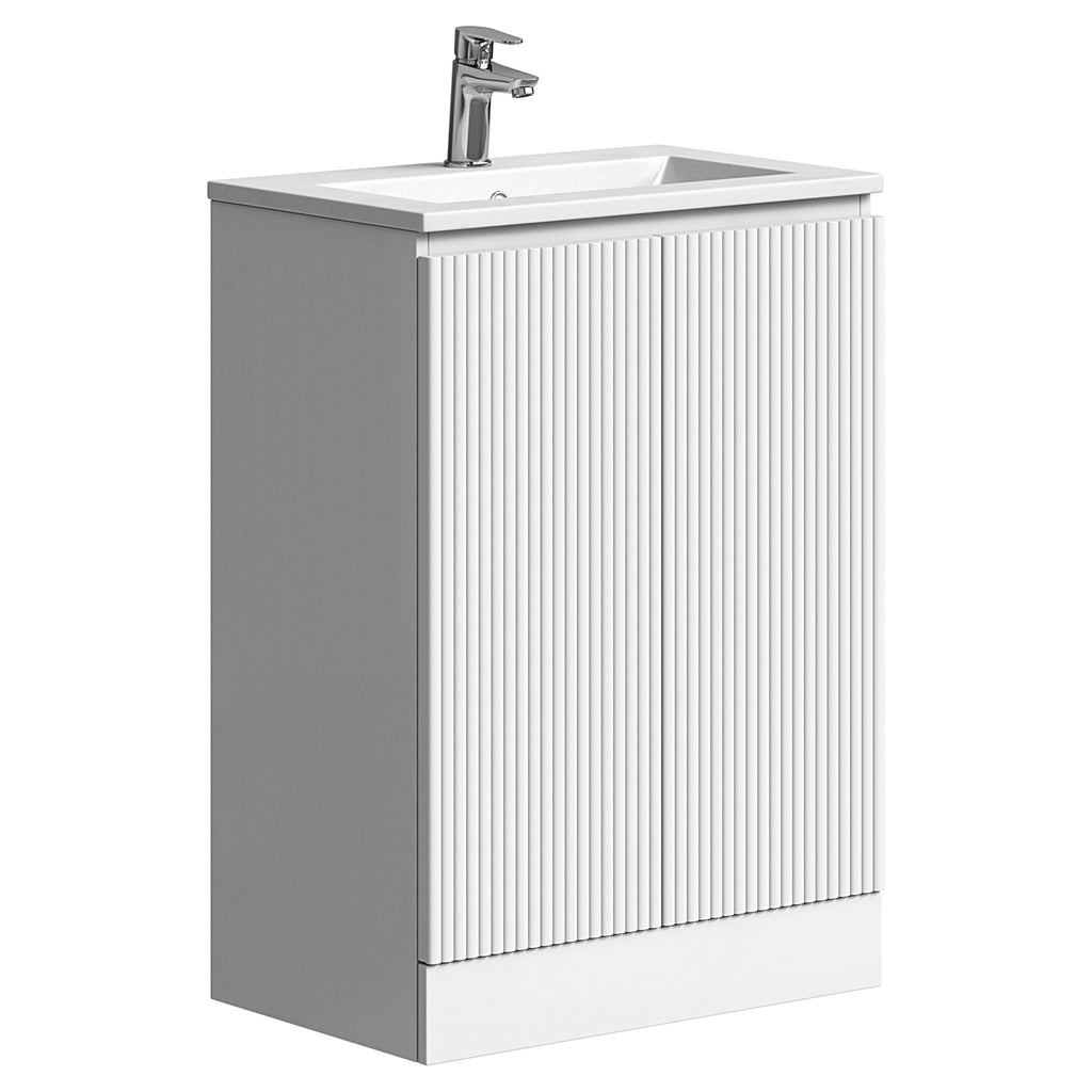 Tailored Plumb Essentials 2 Door Fluted Floorstanding Vanity Unit With Ceramic Basin - 600mm Wide - Gloss White
