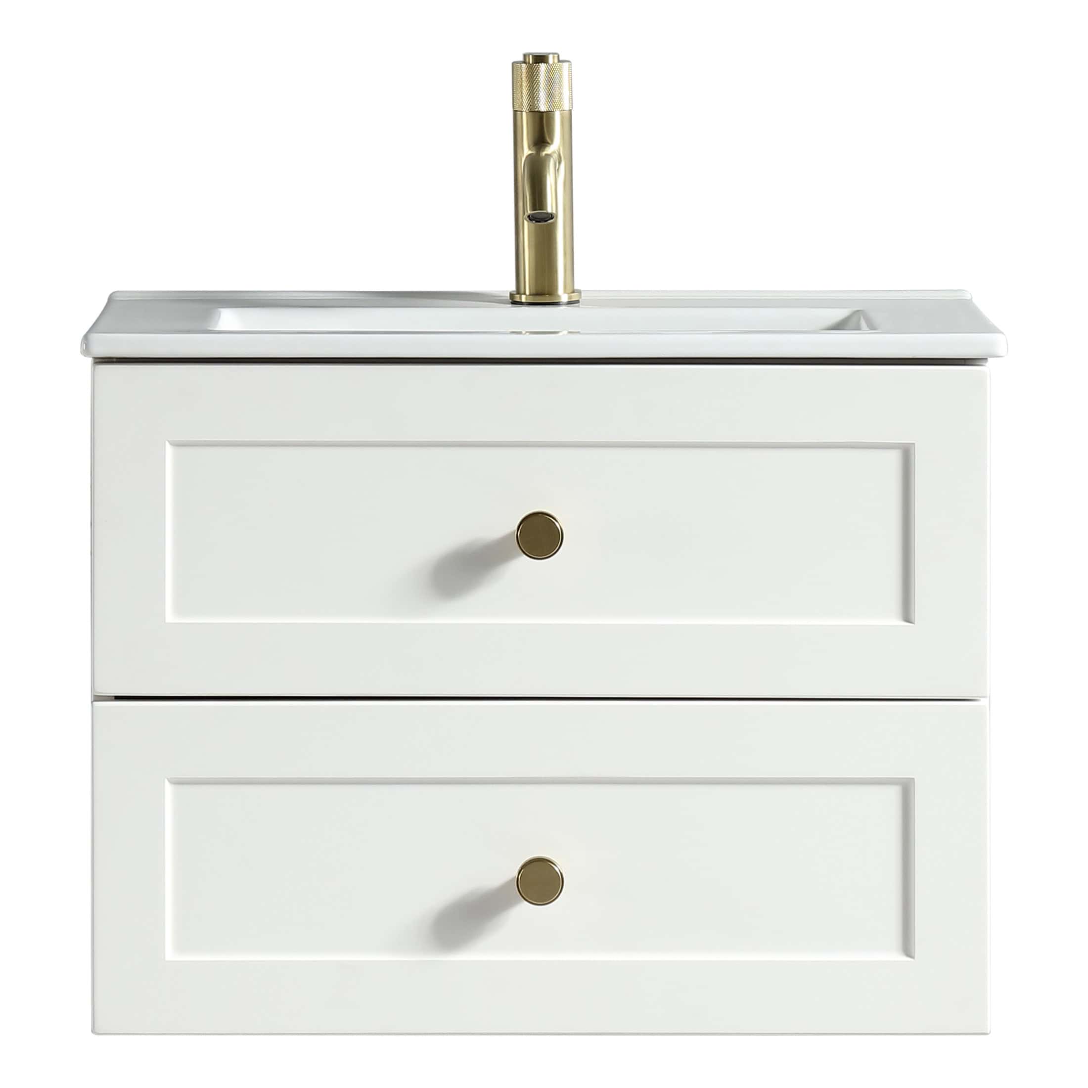 Sleek white bathroom vanity with two drawers and brass knobs, featuring an integrated sink and modern gold faucet for contemporary bathroom decor.