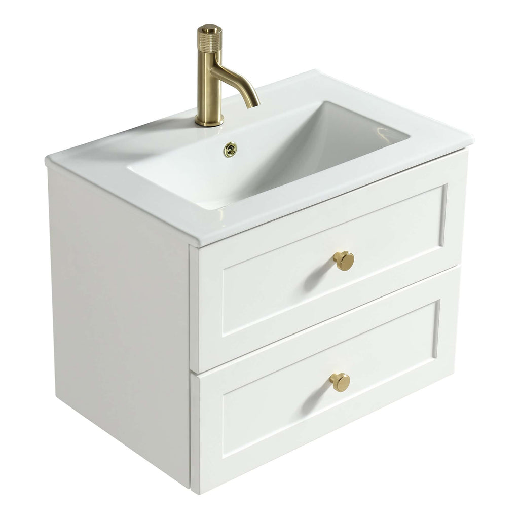 White bathroom vanity with integrated sink and gold hardware, ideal for modern bathroom designs. Features two drawers for storage and a sleek gold faucet for a stylish touch.