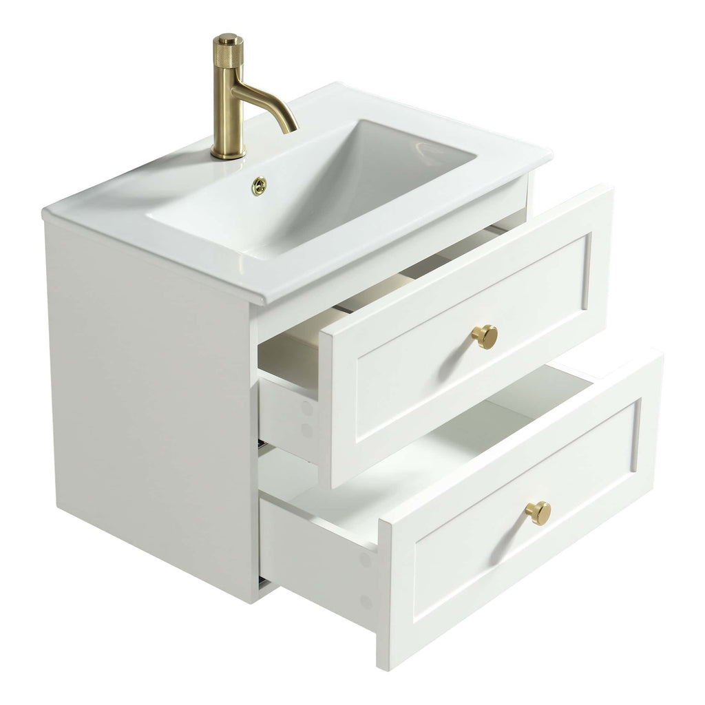 Minimalist white bathroom vanity unit with integrated sink and brass handles, perfect for contemporary bathroom design and storage solutions. Suitable for modern bathroom renovations and space-saving setups.