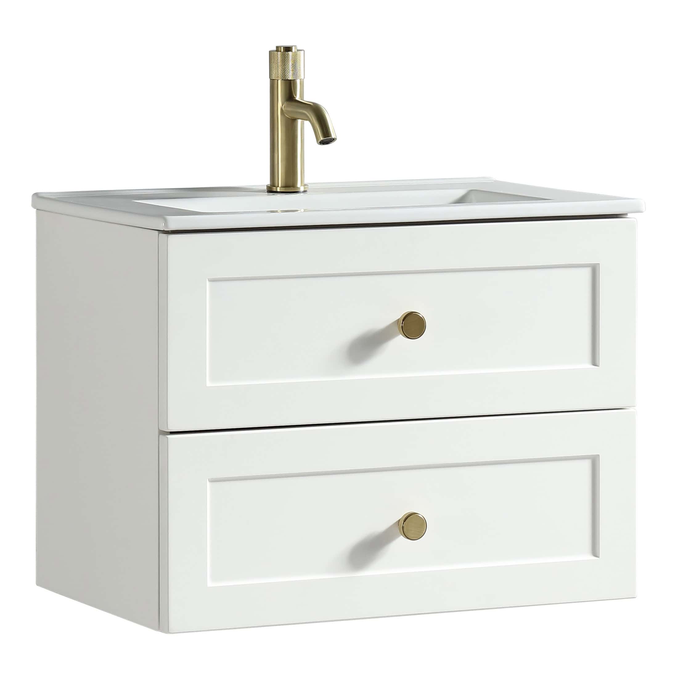 Sleek white bathroom vanity with brass handles and integrated sink, perfect for modern bathroom decor. Features two spacious drawers for additional storage and a stylish gold faucet.