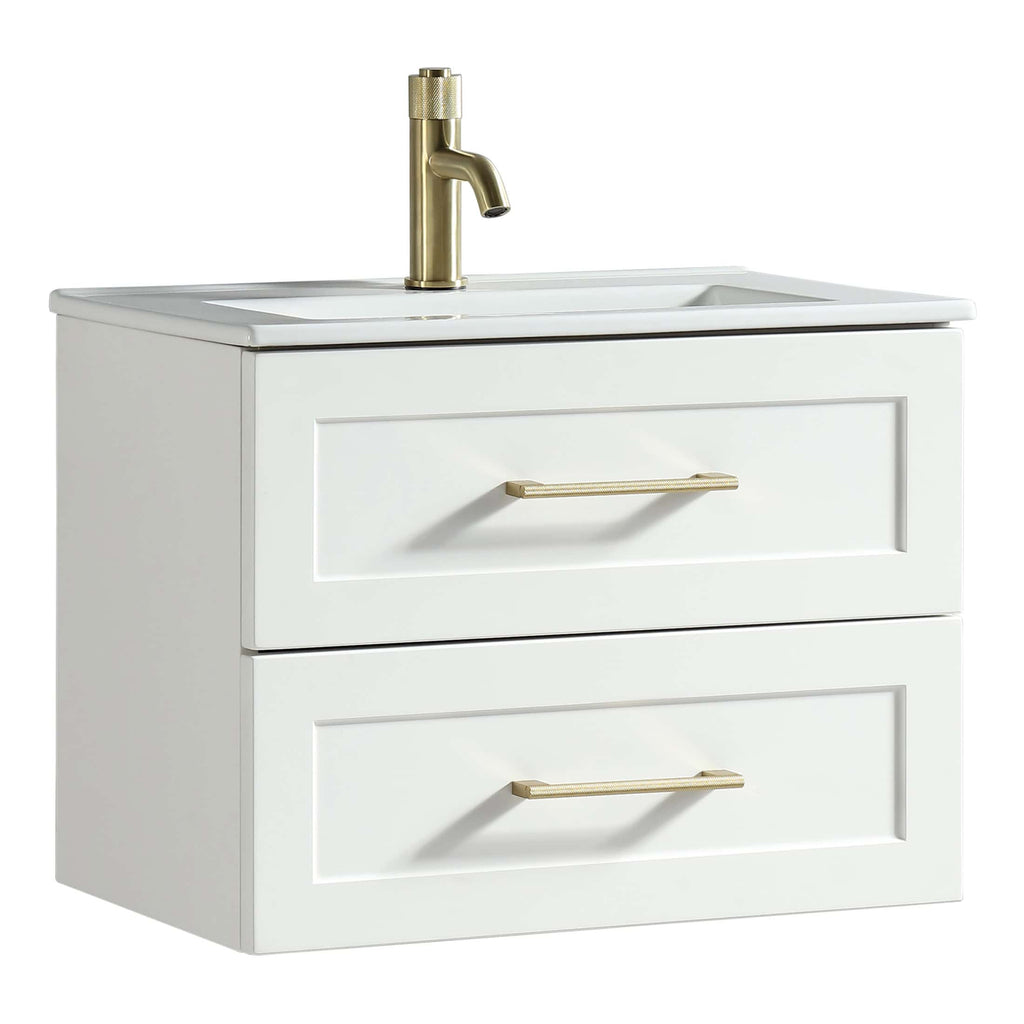 Sleek white bathroom vanity with integrated sink and gold handles, designed for modern bathrooms. Features a brass faucet, ideal for stylish and functional bathroom storage solutions.
