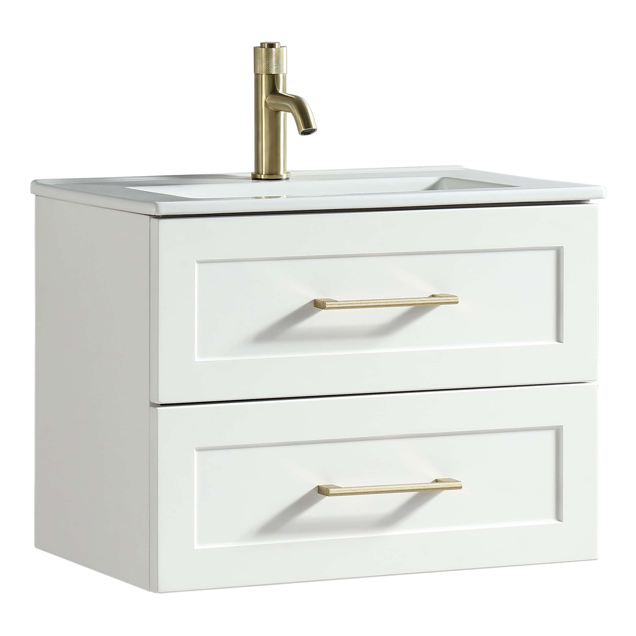 Sleek white bathroom vanity with integrated sink and gold handles, designed for modern bathrooms. Features a brass faucet, ideal for stylish and functional bathroom storage solutions.