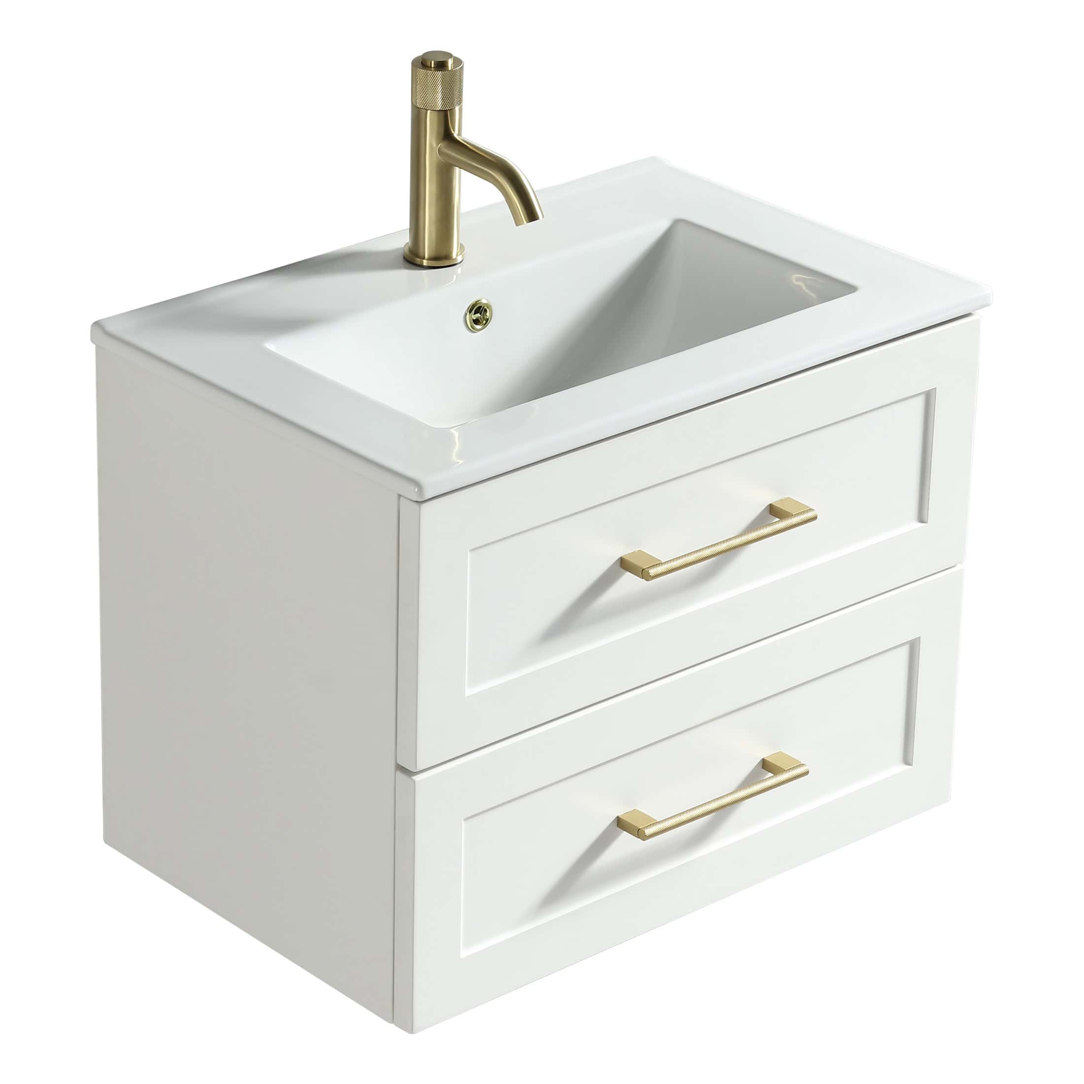 Brass bathroom sink vanity with integrated ceramic top, two drawers with gold handles, ideal for modern bathroom decor. Suitable for small bathroom upgrades and stylish storage solutions.