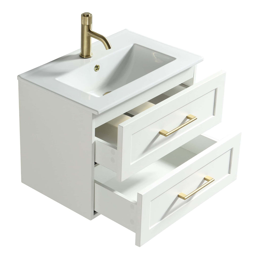 Modern white bathroom vanity with integrated sink, brass faucet, and spacious drawers for bathroom storage, perfect for contemporary bathroom designs.