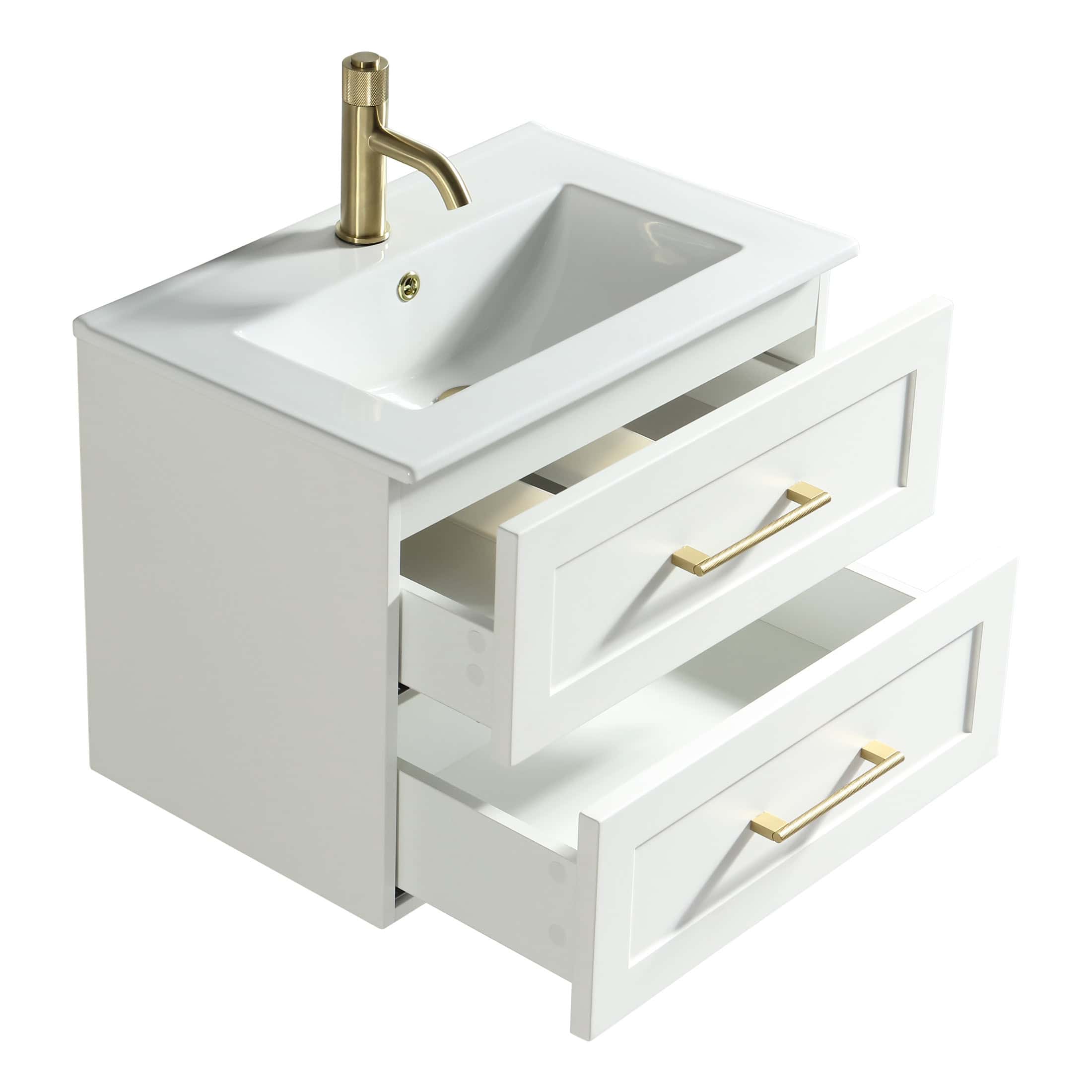 Modern white bathroom vanity with integrated sink, brass faucet, and spacious drawers for bathroom storage, perfect for contemporary bathroom designs.