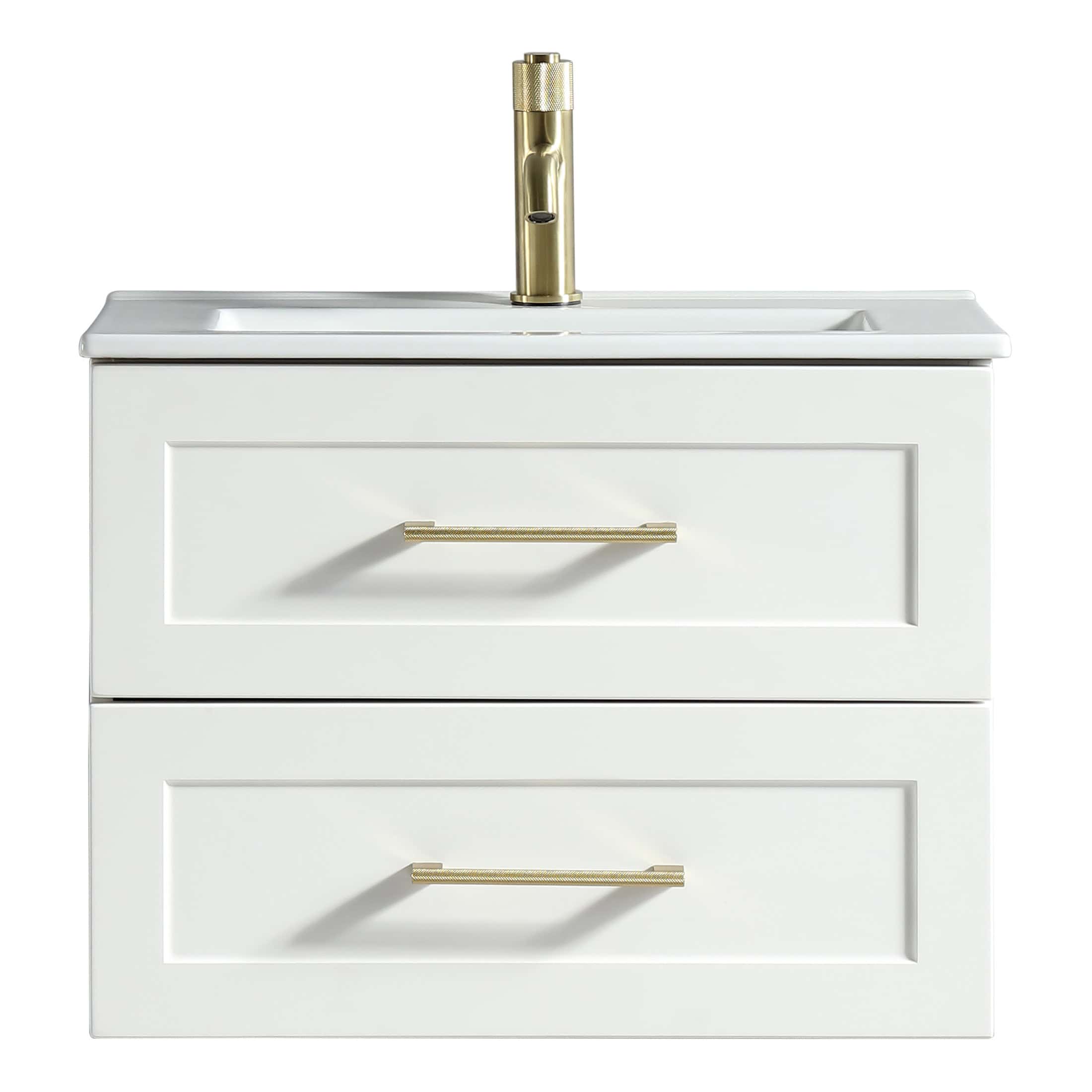 Polished gold bathroom sink faucet with single lever, installed on a modern white double vanity with gold handles, ideal for contemporary bathroom decor.