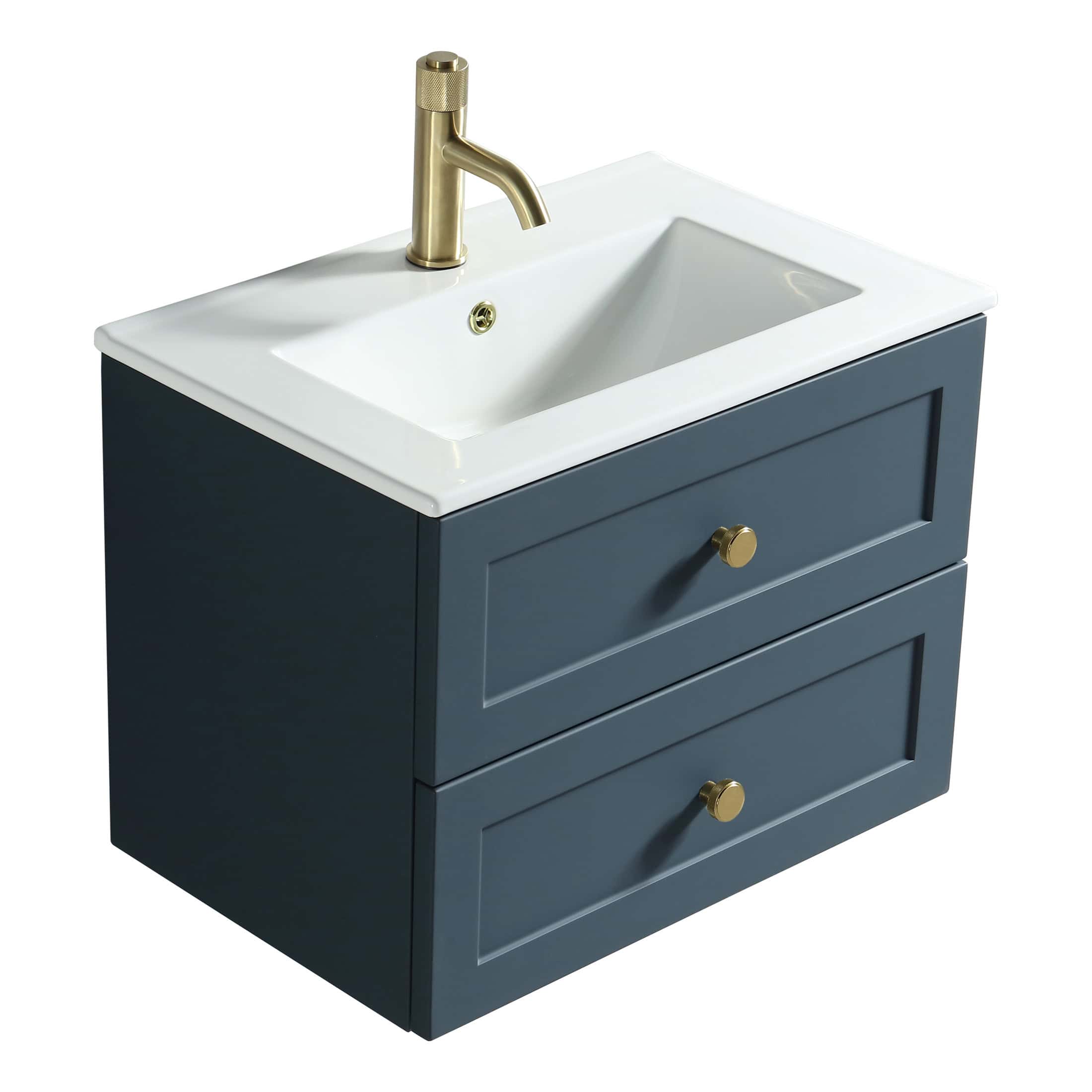 Modern blue bathroom vanity with integrated sink and brass faucet for stylish bathroom renovation.
