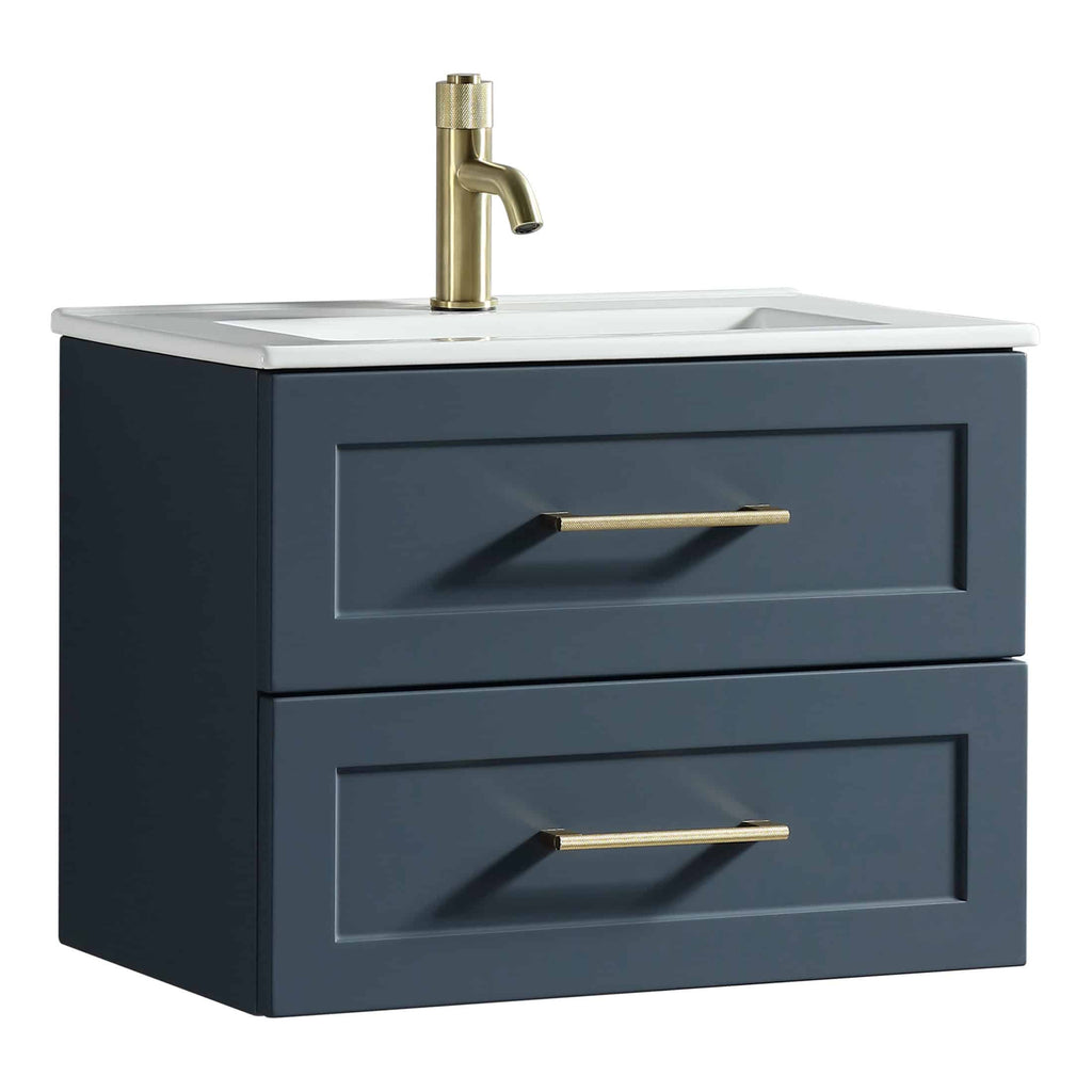 Modern navy blue bathroom vanity with white ceramic sink and brass handles, featuring sleek design and dual drawers for convenient bathroom storage. Perfect for stylish bathroom upgrades.