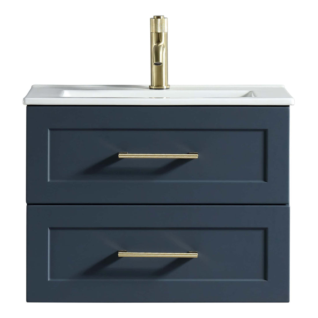 Modern navy blue bathroom vanity with white countertop and gold fixtures, including a sleek gold faucet, designed for stylish bathroom storage and decor.