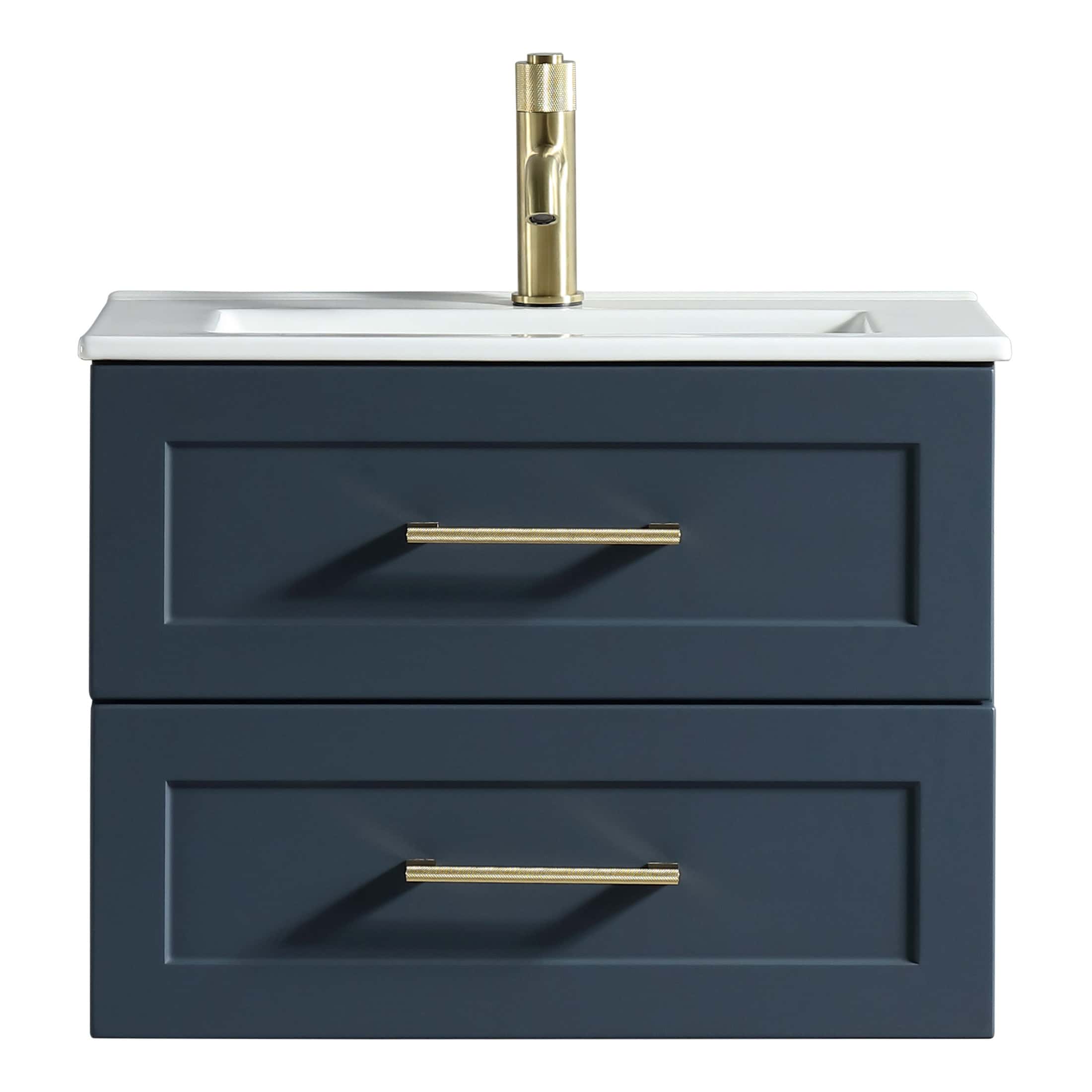 Modern navy blue bathroom vanity with white countertop and gold fixtures, including a sleek gold faucet, designed for stylish bathroom storage and decor.