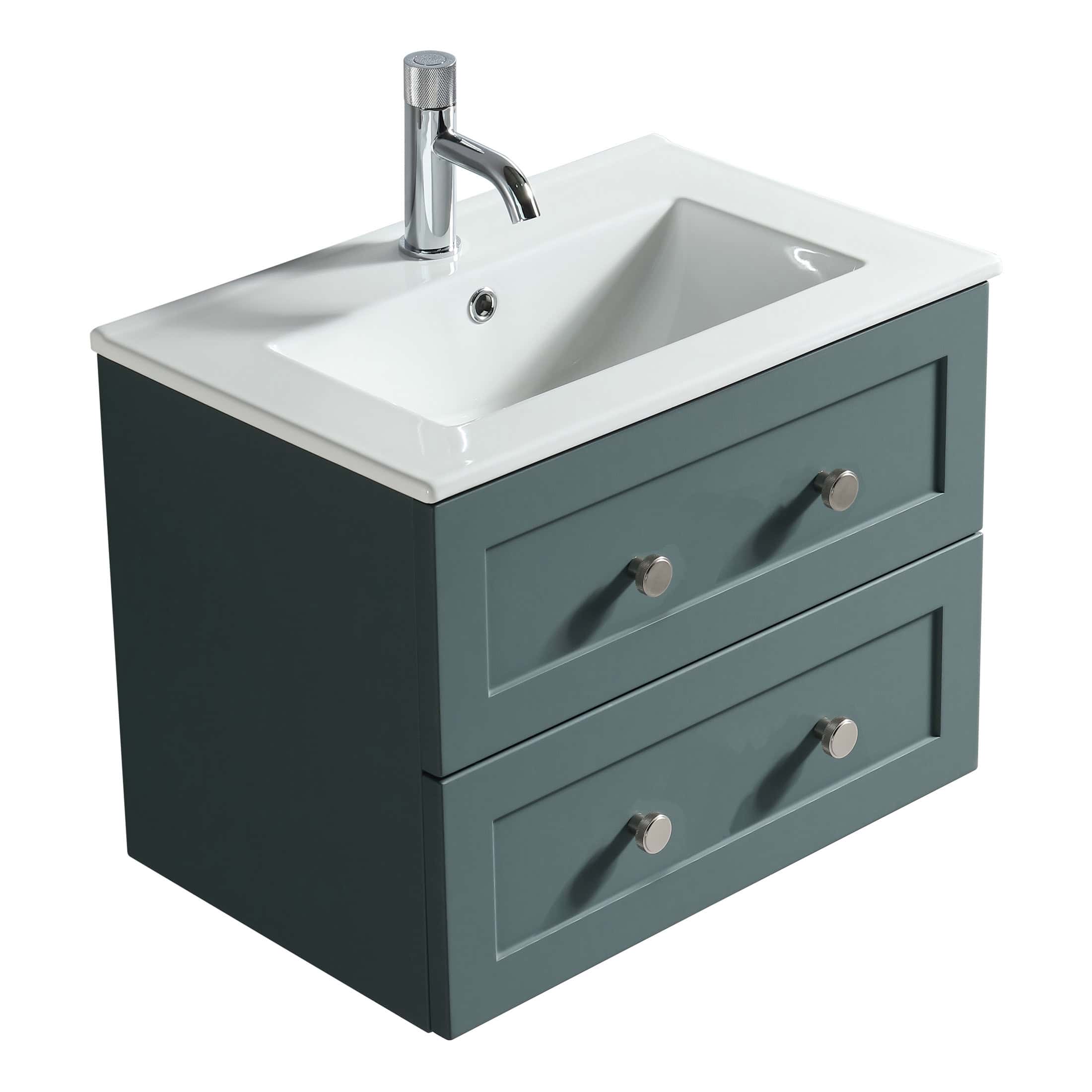 Modern bathroom vanity with a white ceramic sink and a sleek teal storage cabinet, featuring three drawers with round metallic handles, ideal for contemporary bathroom decor.